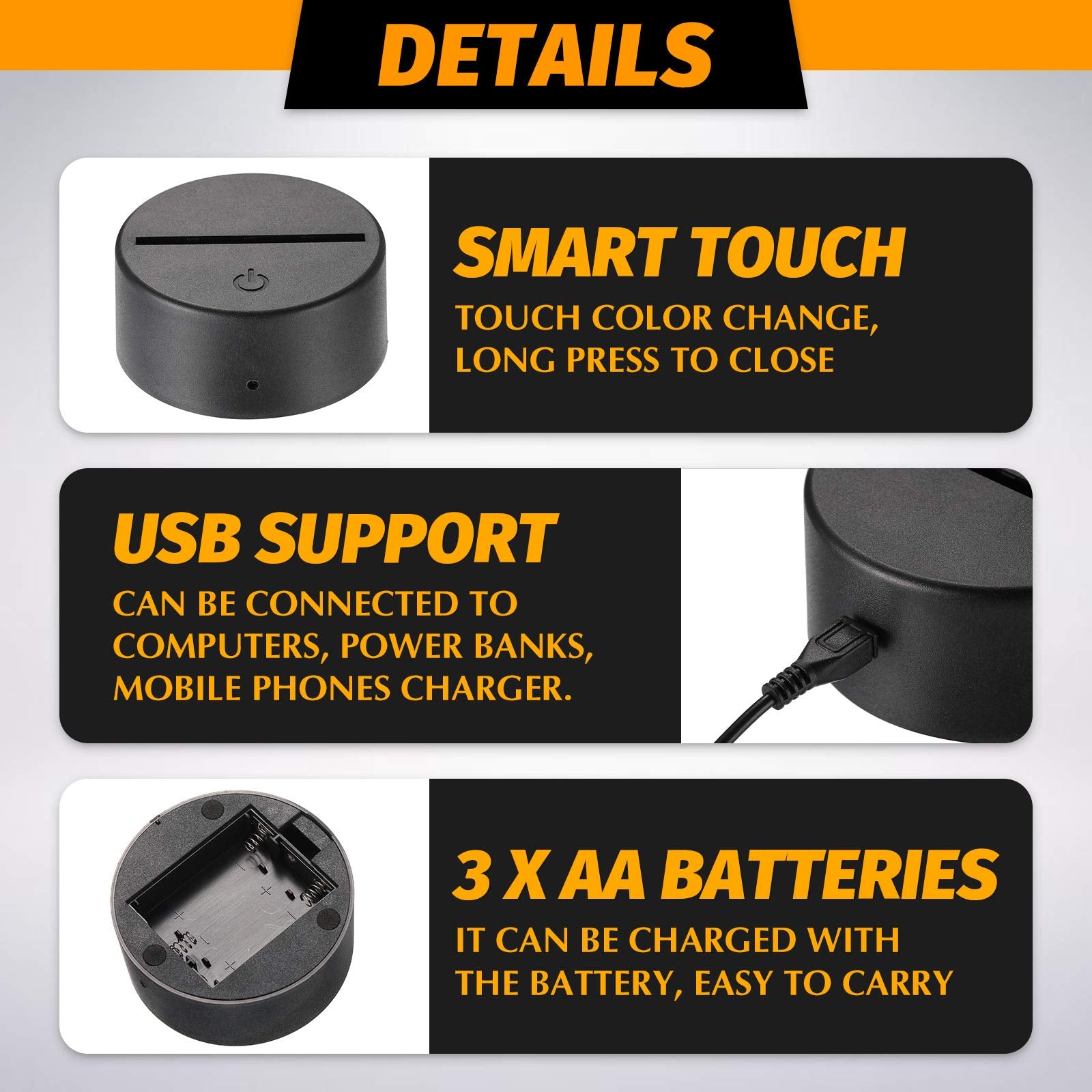 Tuanse 3D Night LED Light Lamp Base, 16 Colors with Remote, Black
