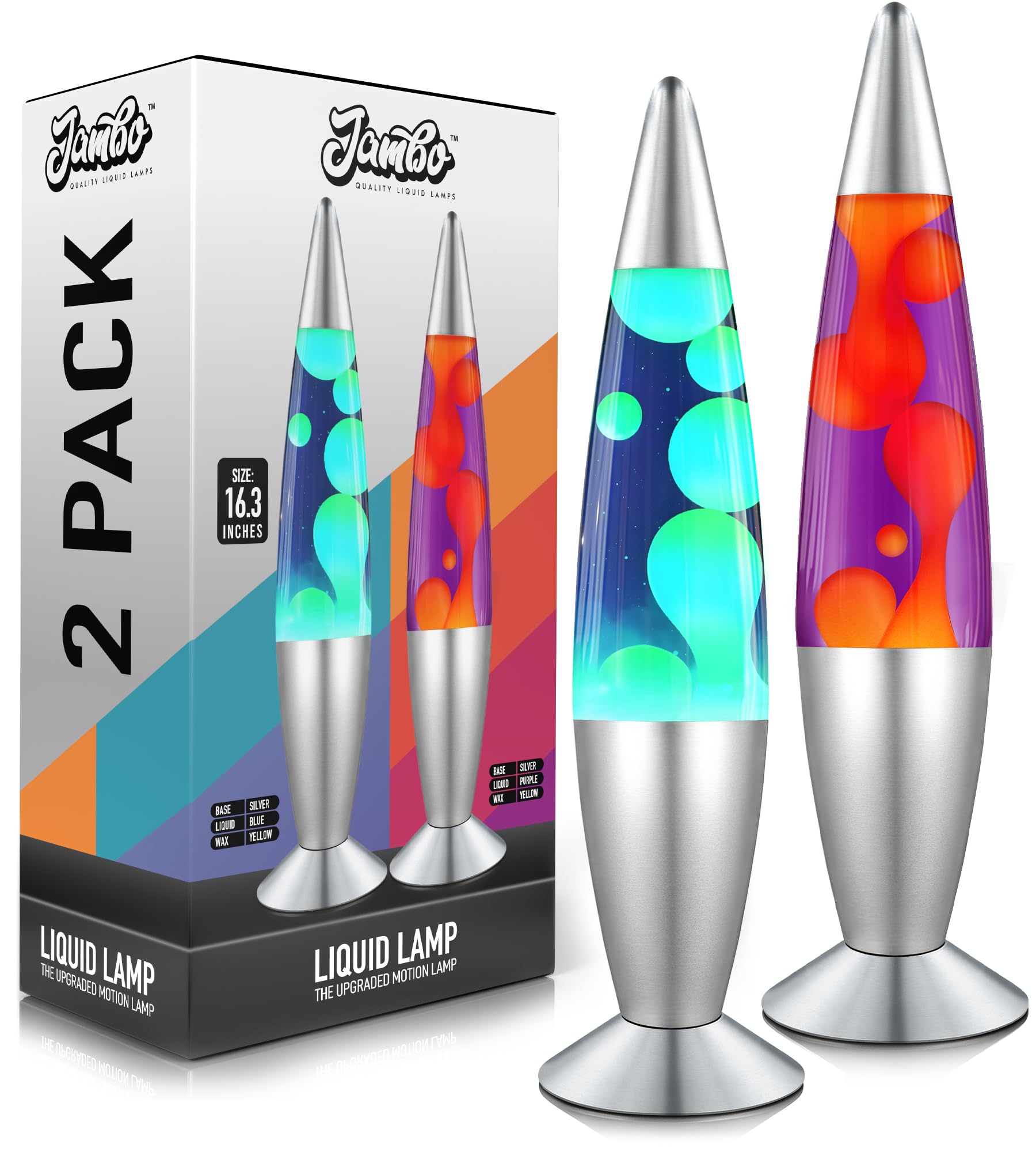 Jambo Liquid Motion Lamp Double Pack | 16in Wax, Silver Base, Blue & Purple Liquid