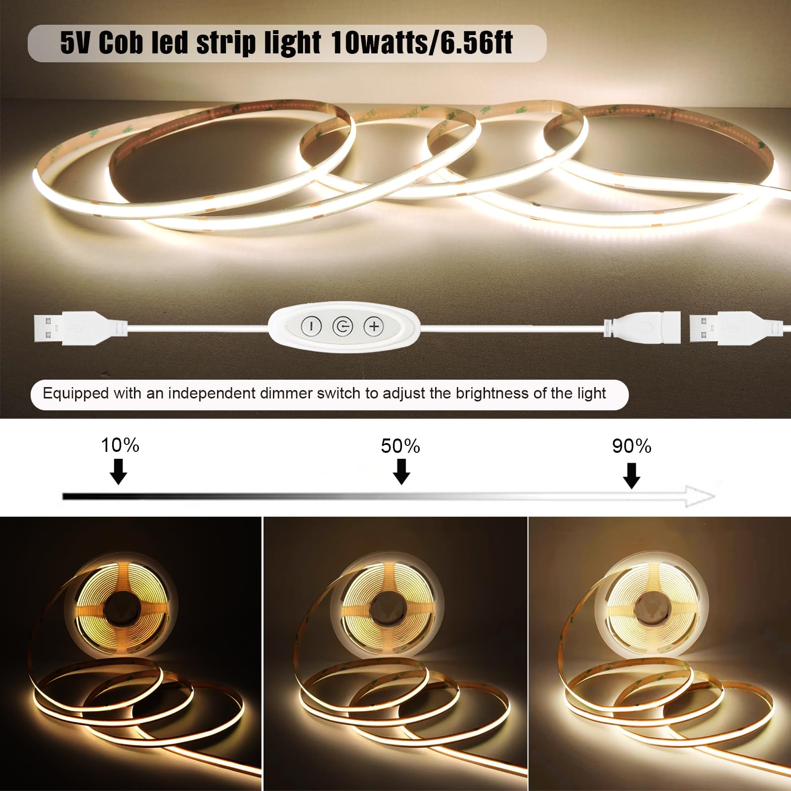 Gxilee Cob Led Strip Lights Natural White 4000K Cri92+, Dc 5V 6 Ft Led Light Strip With Dimmer Switch For Cabinet Home Office Di
