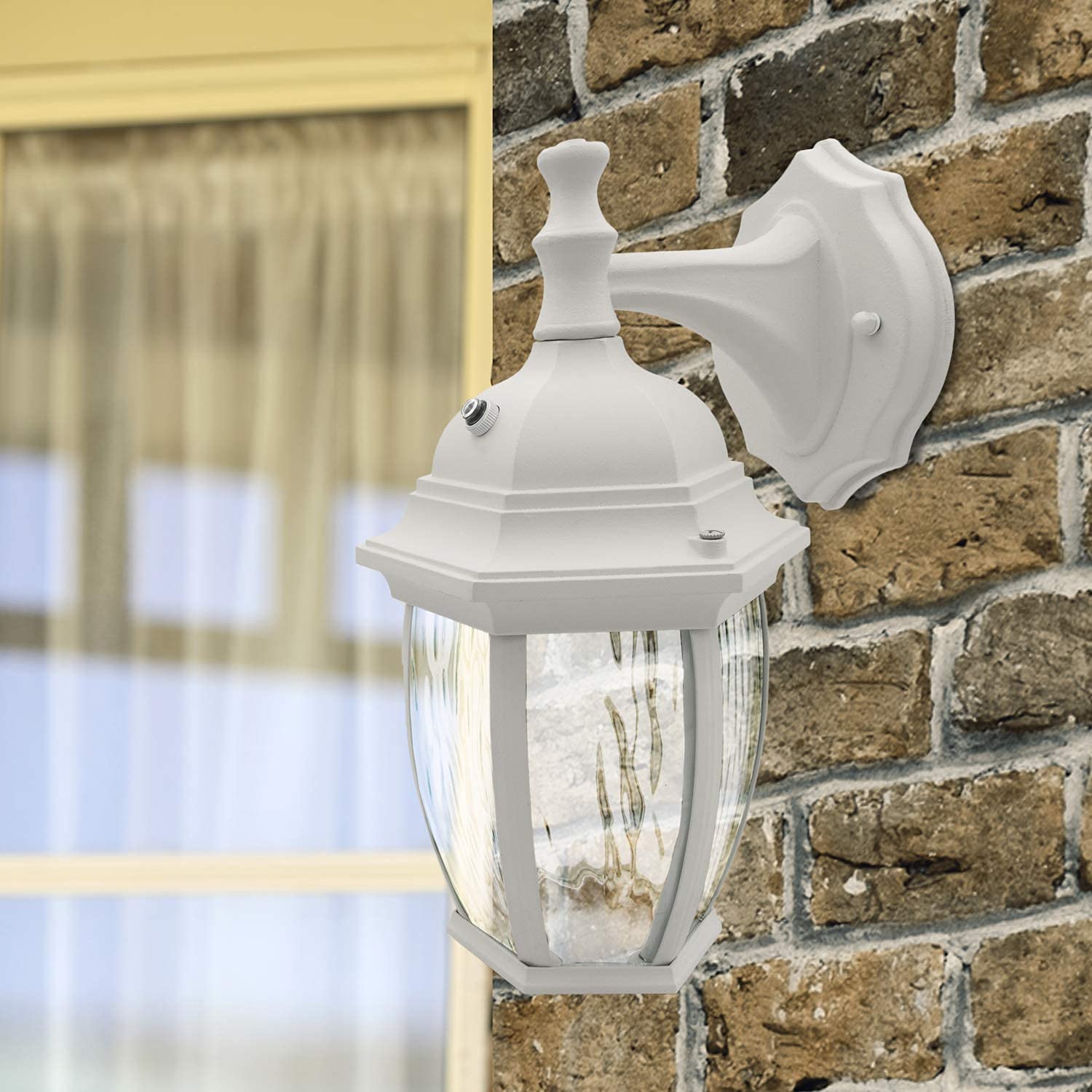 Maxxima LED Outdoor Wall Light, 3000K Warm White, Dusk to Dawn Sensor, White, Model MEL-6150WW, Clear Water Glass, 580 Lumens