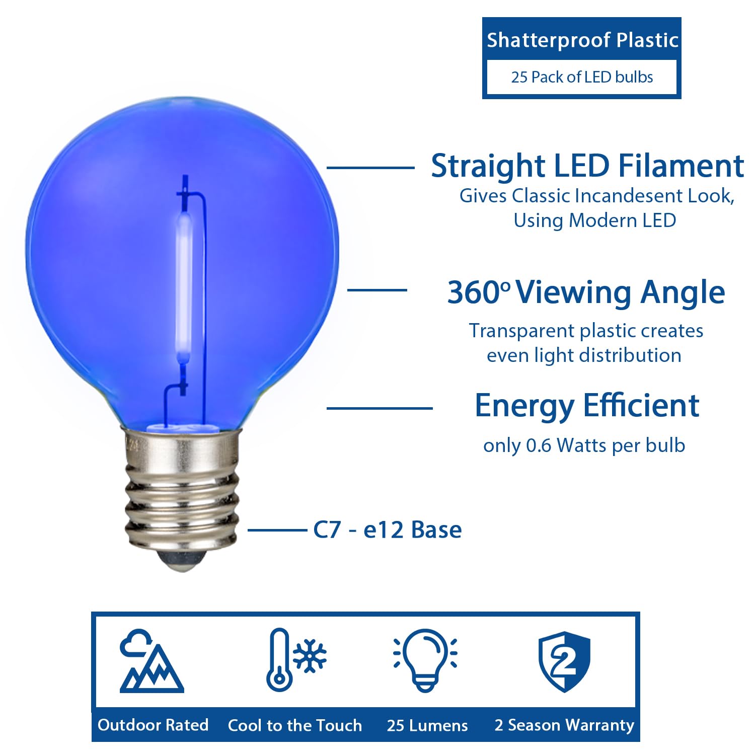 Novelty Lights 25 Pack Blue G40 Led Filament String Light Bulbs  E12/C7 Candelabra Base  5 Watt Equivalent  Shatterproof Replacement Bulbs For Patios  Canopy Lighting
