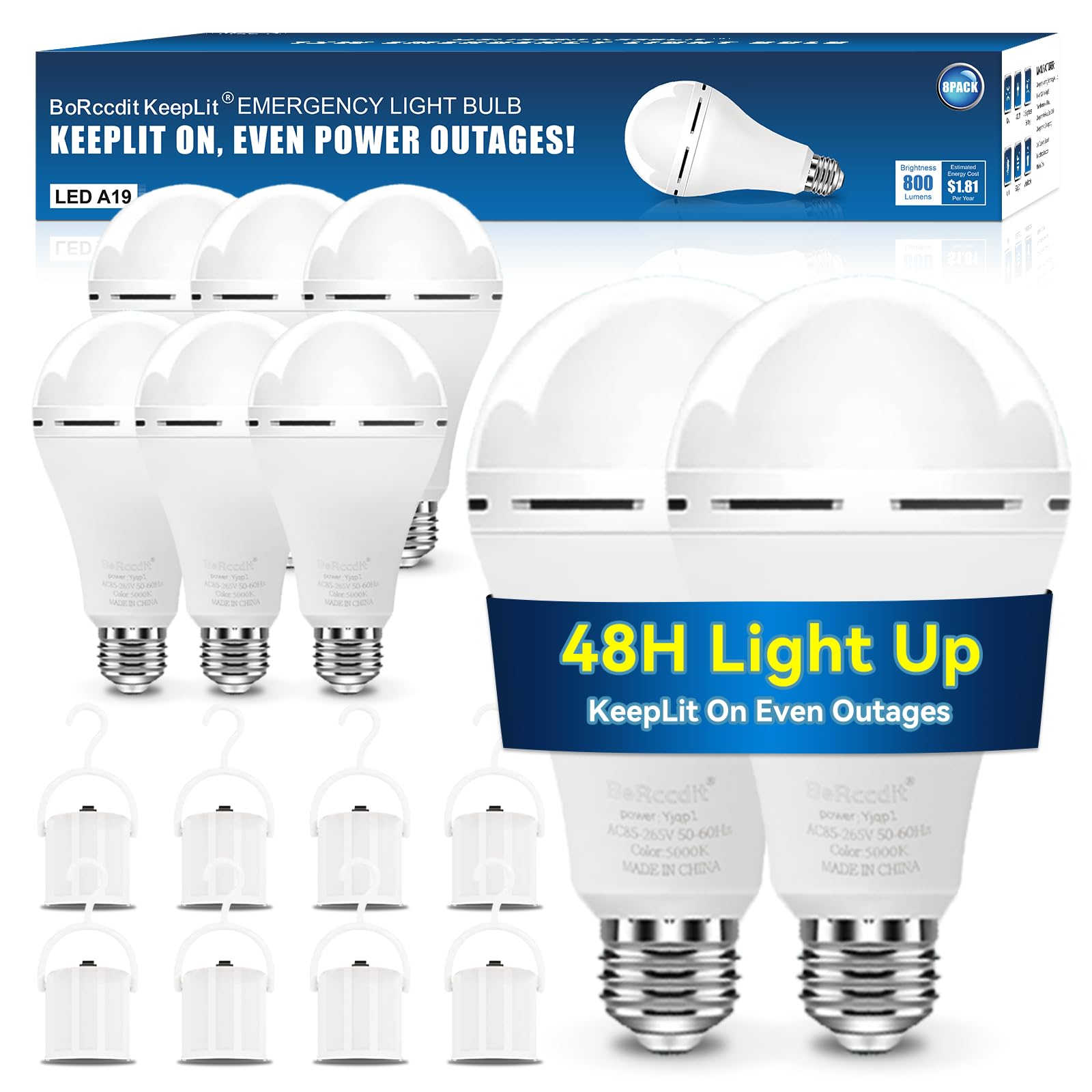 Borccdit Keeplit 8Pk A19 Emergency Rechargeable Light Bulbs, 48H Light Up & 3 Brightness Emergency Power Outage Light Bulbs,12W 