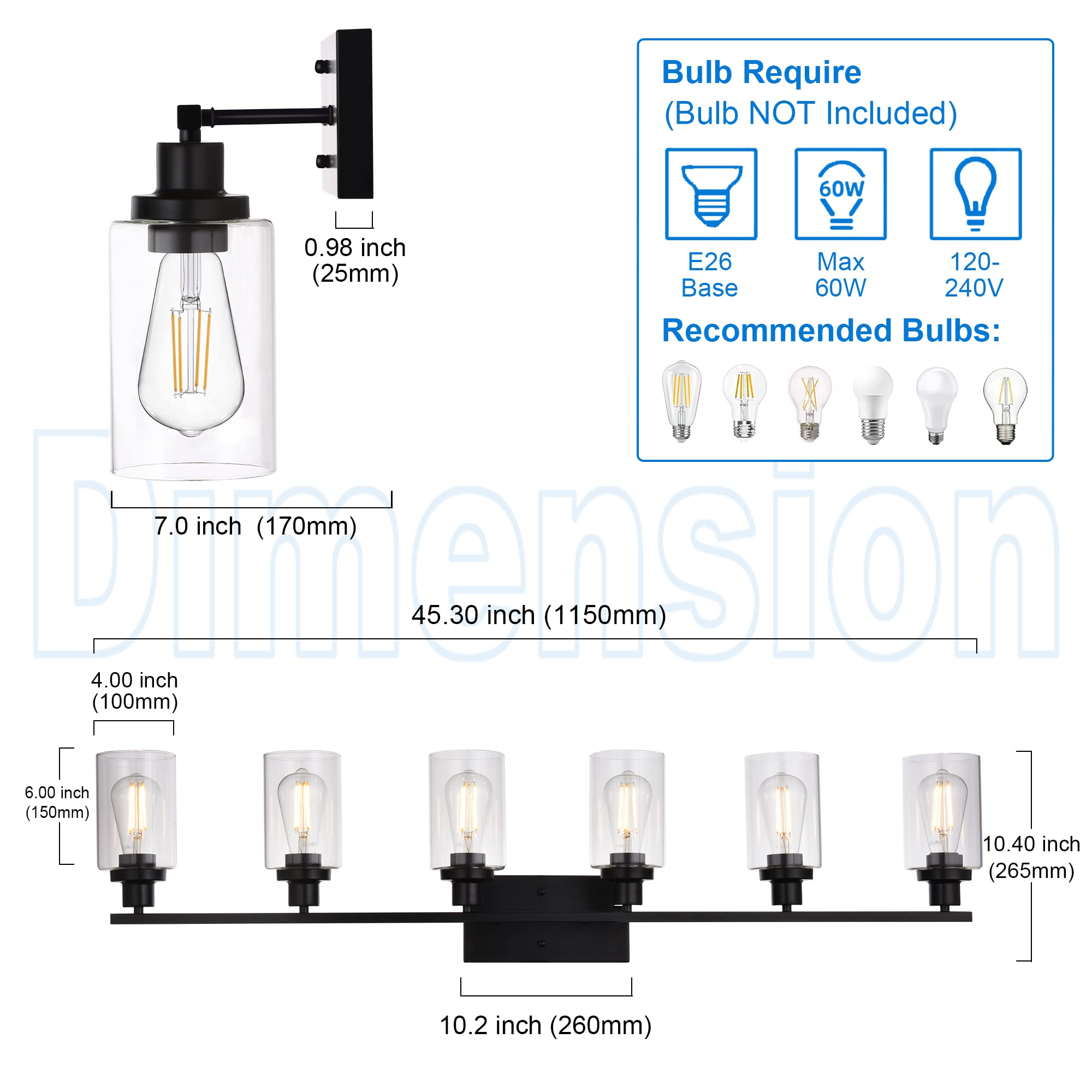 MELUCEE Black Vanity Light Fixture 6-Light Industrial Metal Wall Sconce Bathroom Lighting for Bedroom Hallway Kitchen, Clear Gla