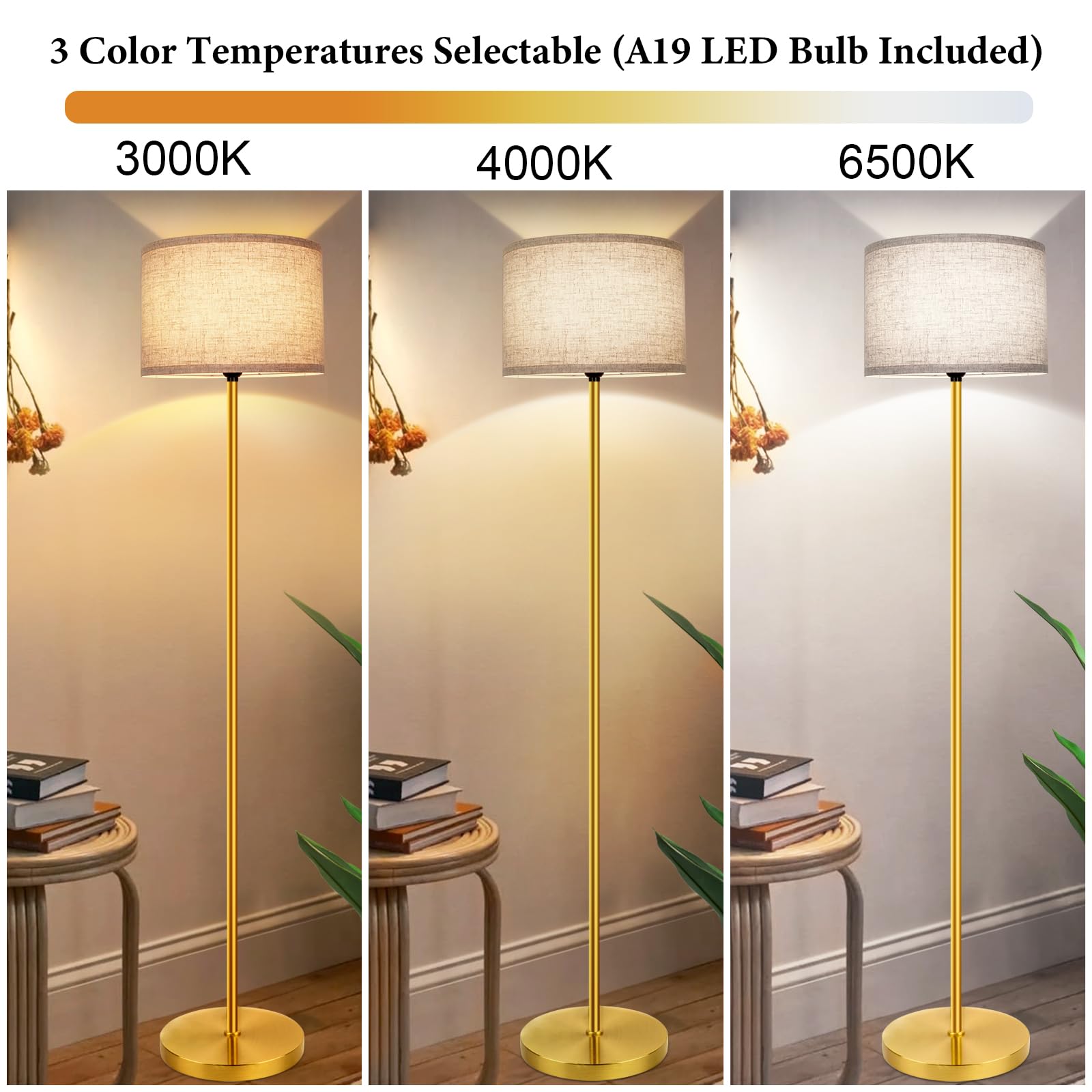 65? Gold Floor Lamp With 3-Color Temperatures Led Bulb, Modern Industrial Tall Lamp For Living Room, Minimalist Standing Lamp Wi