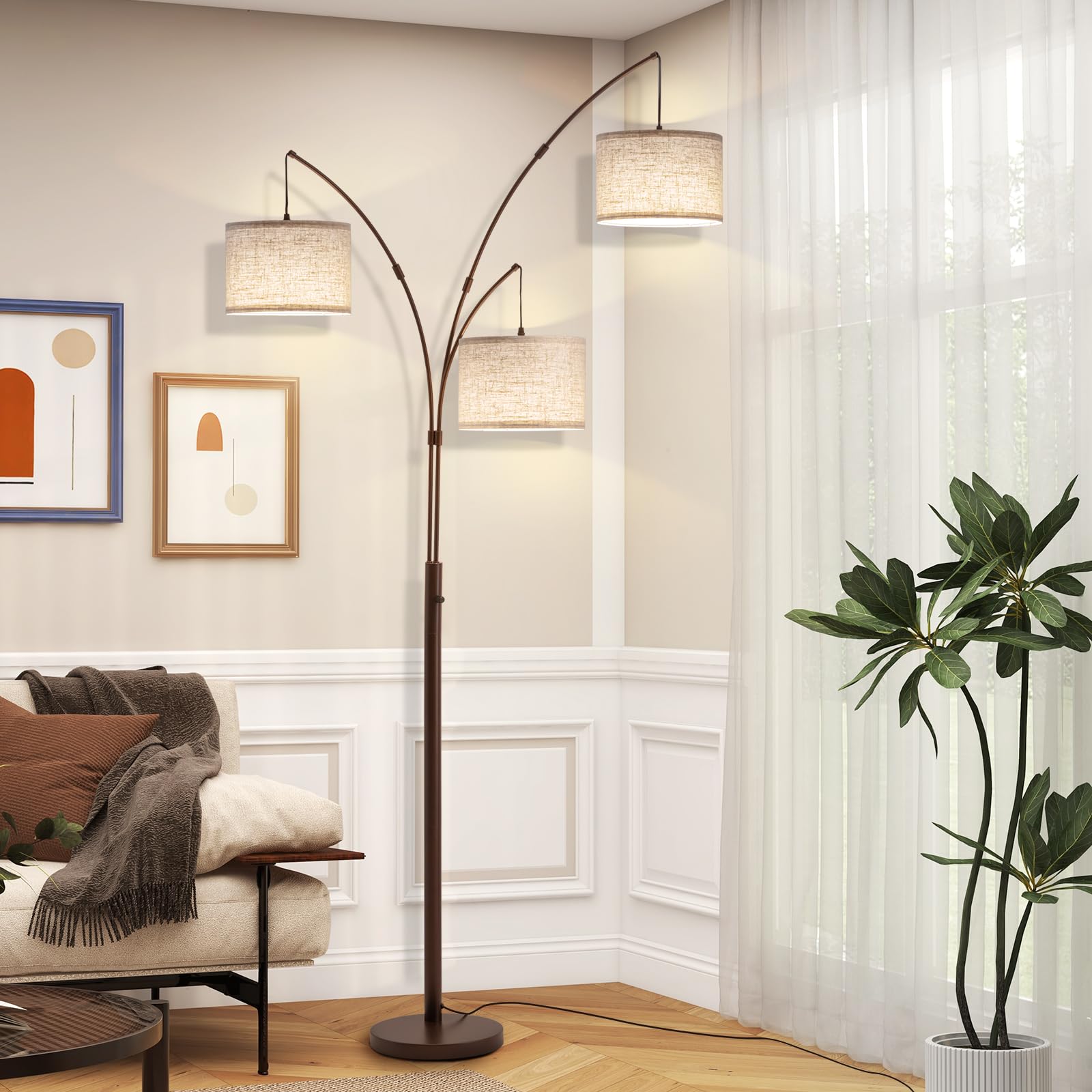 Fansdrick 3 Light Arc Floor Lamp, 80" Tall, Brown-Linen Shade, Super Bright 2400LM, Remote Control, Mid Century Design, Model NTL-02BR