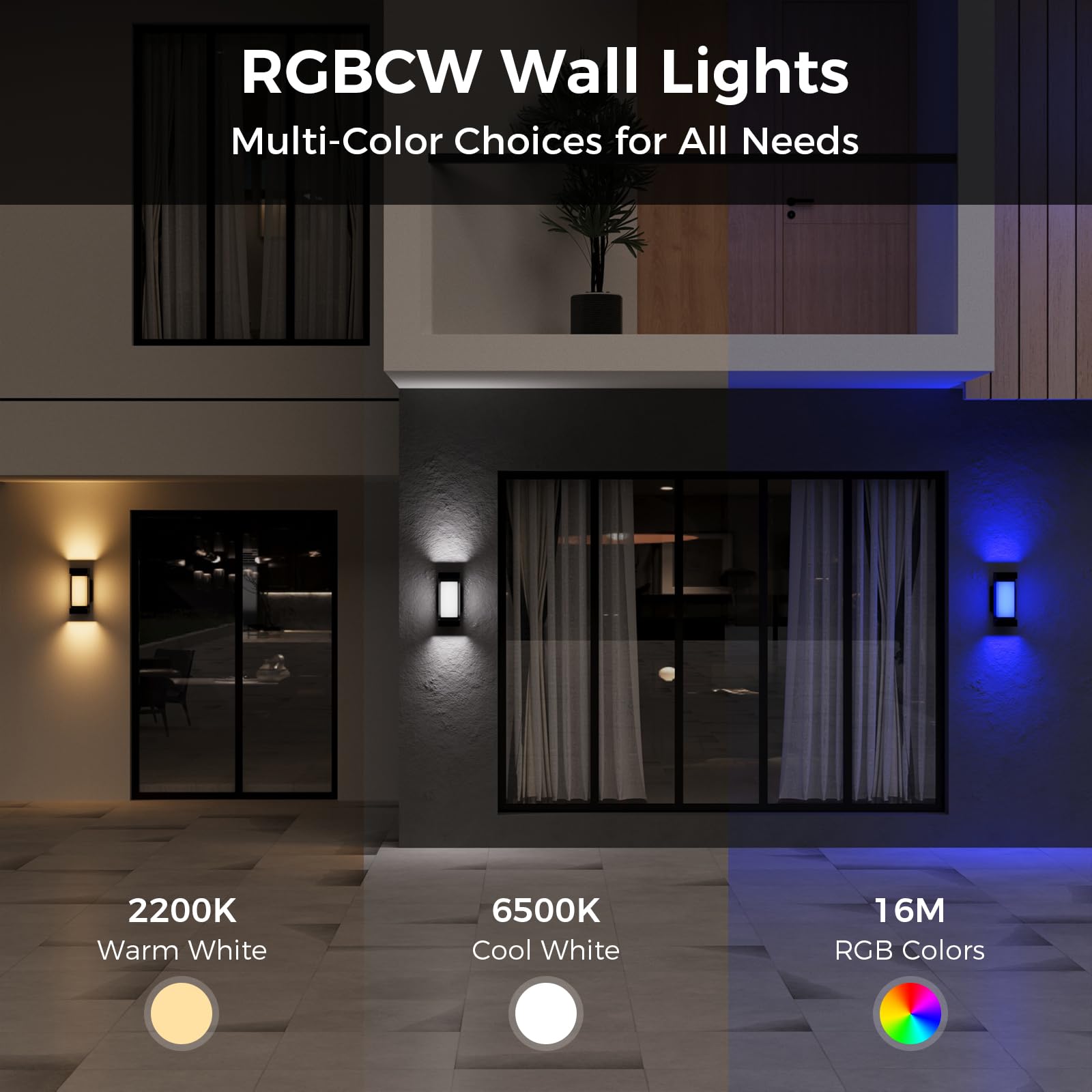 XMCOSY+ Outdoor Wall Lights, 2100LM Smart LED Sconce, Wi-Fi Control, IP65 Waterproof, 2 Pack, Black, Model XMWLB
