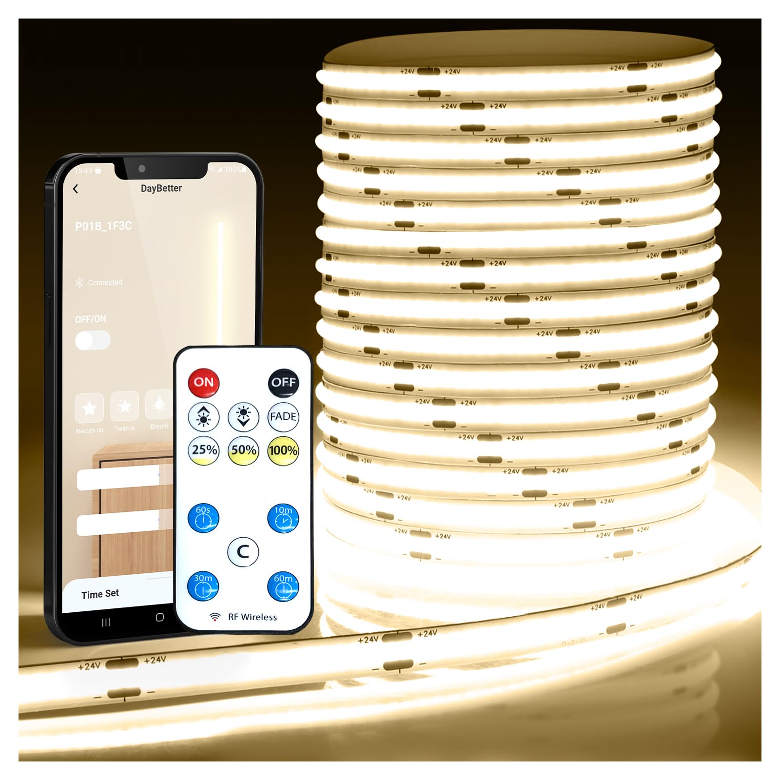 DAYBETTER COB LED Strip Light, Dimmable 16.4 ft Natural White LED Strips with Remote and App Control, Perfect for Bedroom, TV, C