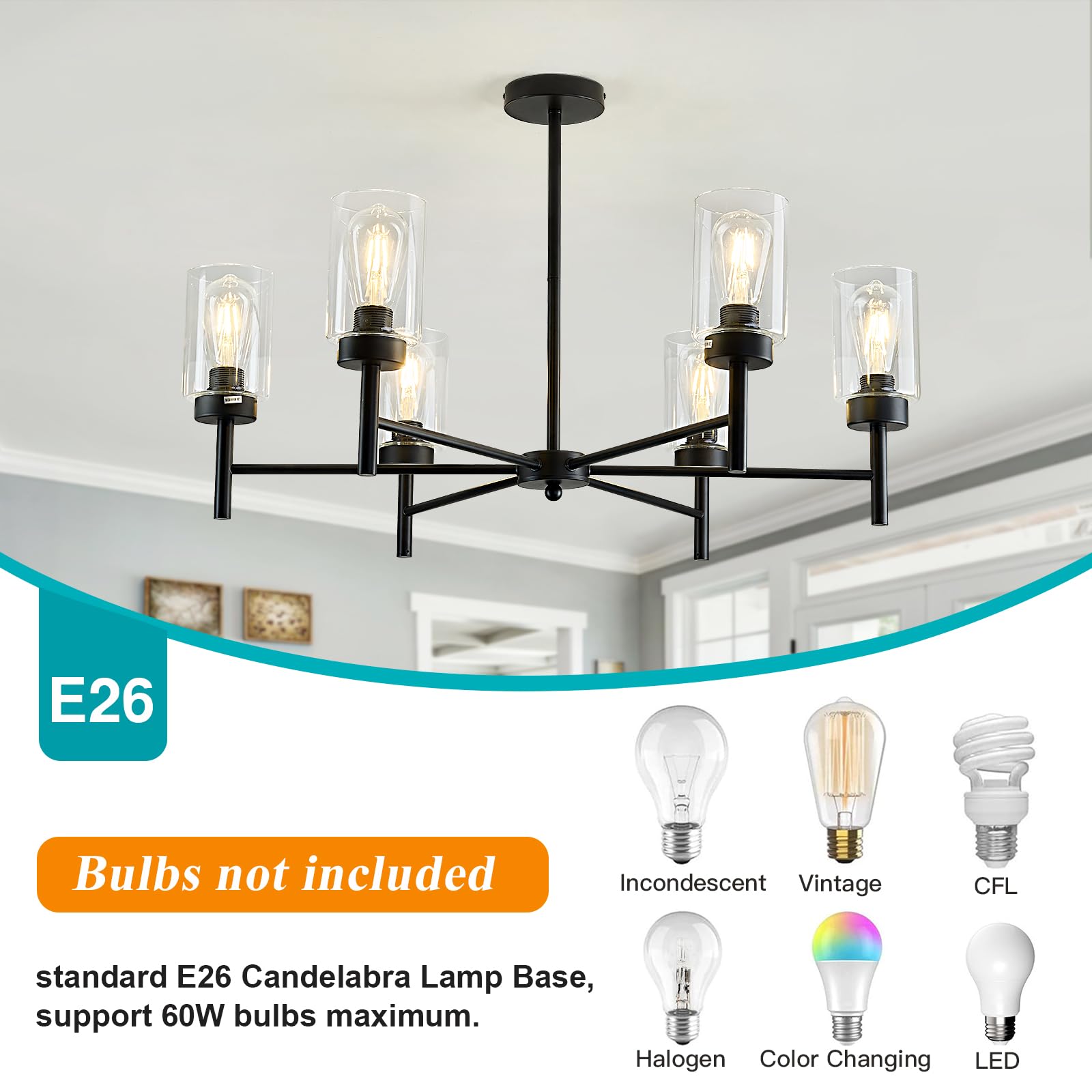 Hesoge Farmhouse Black Chandelier With Glass Vintage 6 Light Hanging Pendant Light Fixture Industrial Iron Ceiling Chandelier Fo