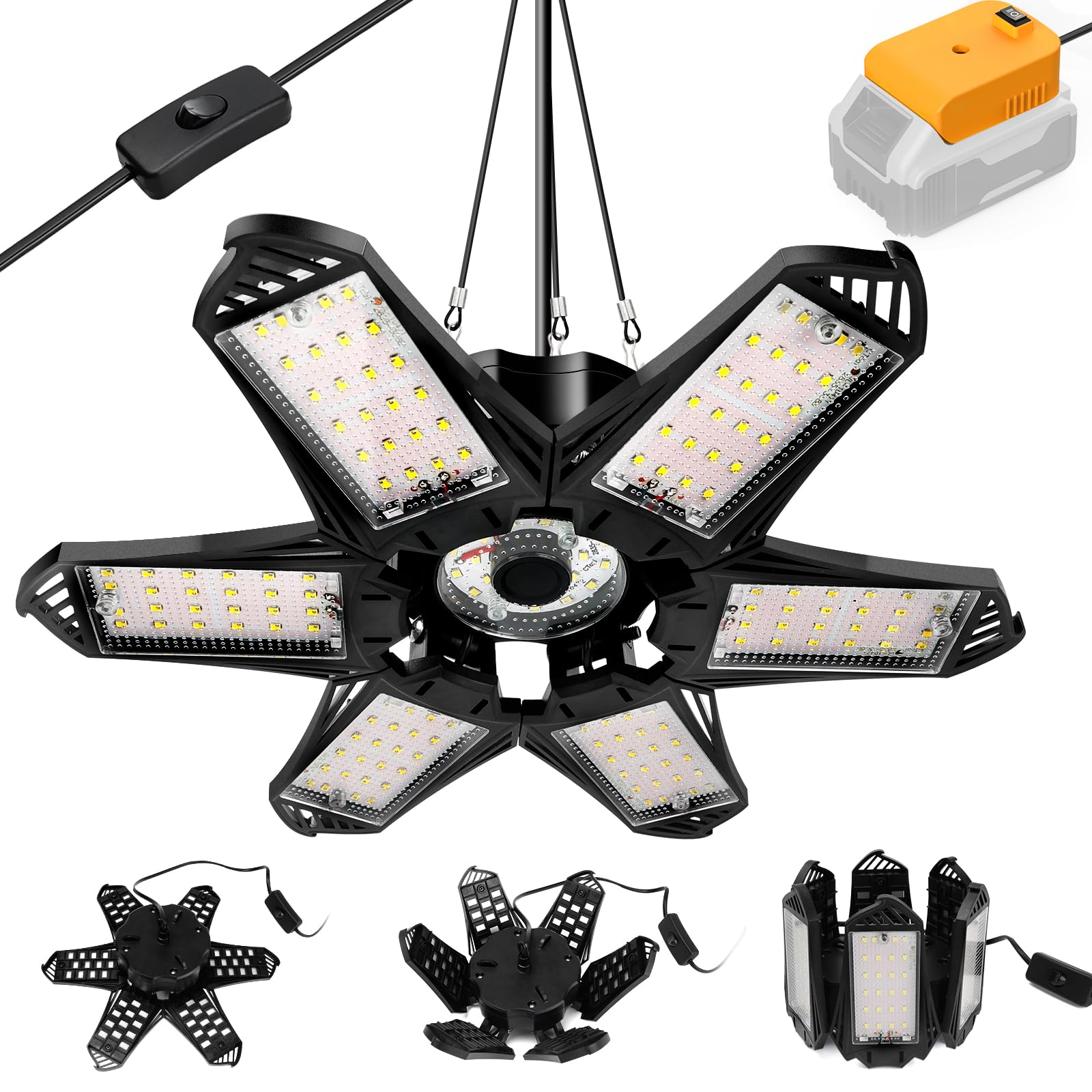 LIVOWALNY LED Garage Light for Dewalt 20V Battery, 68W 6800LM, 6+1 Deformable Panels