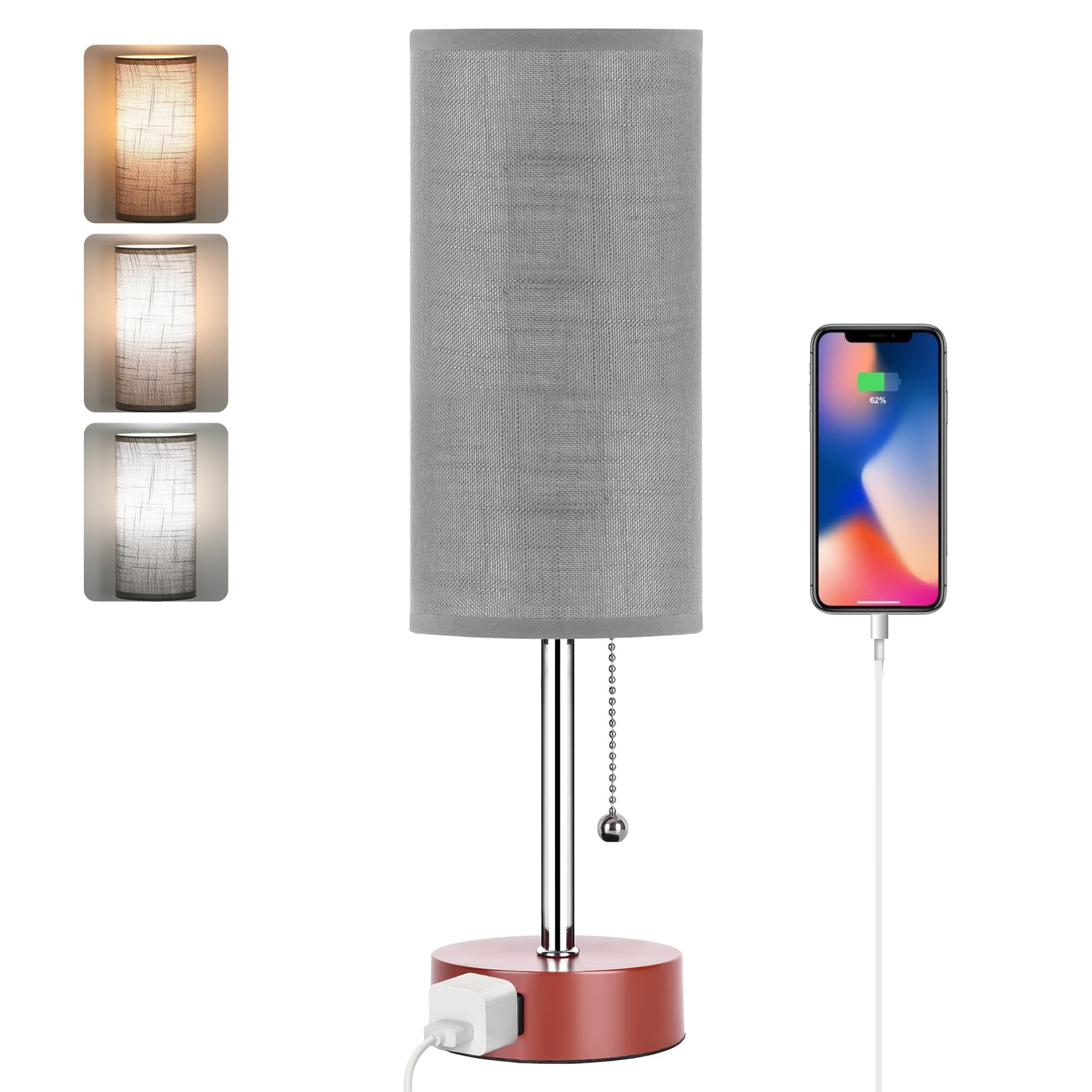 Dott Arts Table Lamp, 3-Color Bedside Lamp with Pull Chain, 15 in, Grey-Brown, Model DK-002, Metal, Bulb Included