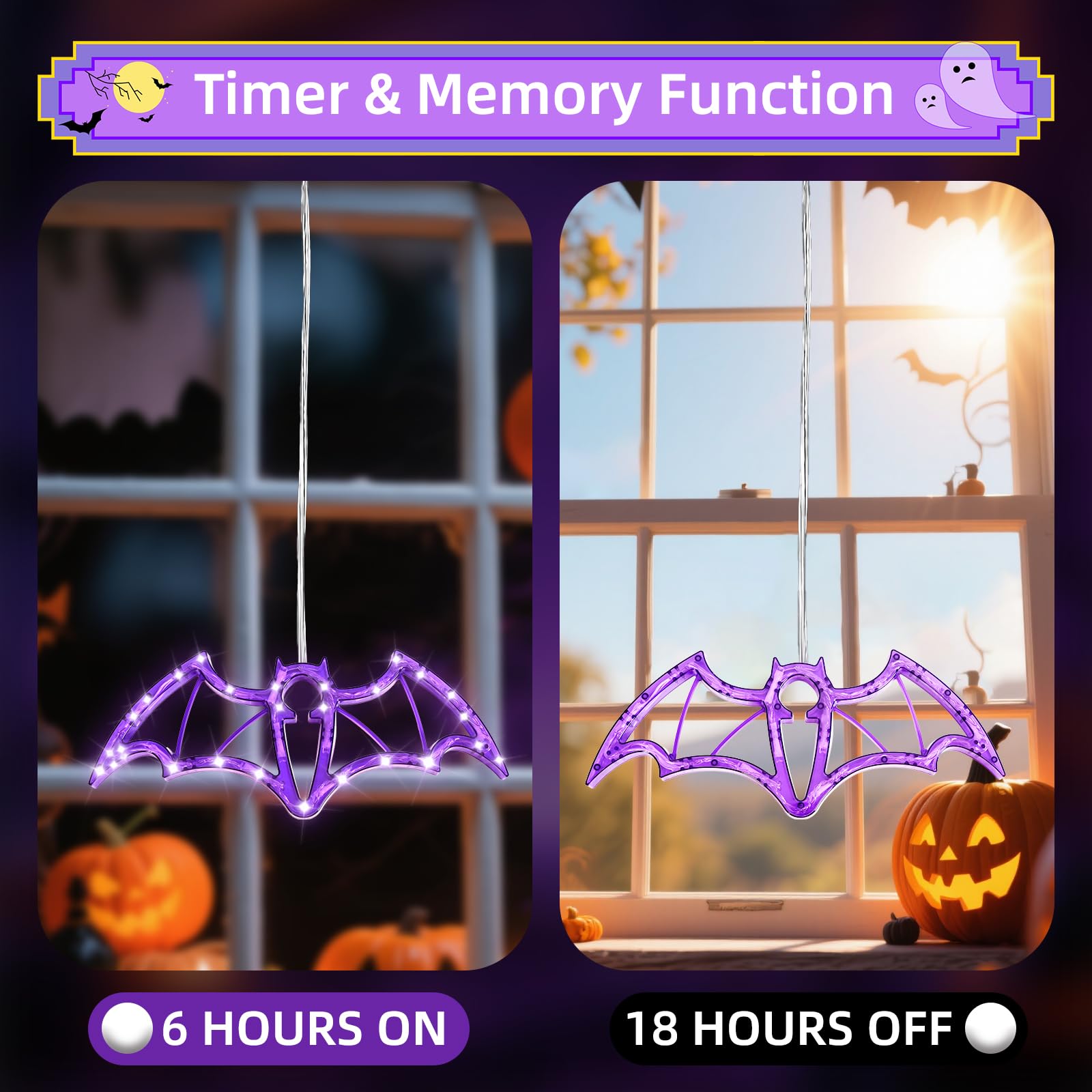 Hopolon Halloween Decorations Lights 2Ft 36Led Halloween Purple Bat Windows Lights Battery/Usb Operated String Light  Ip44 Waterproof  8Mode&Timer For Indoor Outdoor Holiday Home Party Decor(4Hooks)