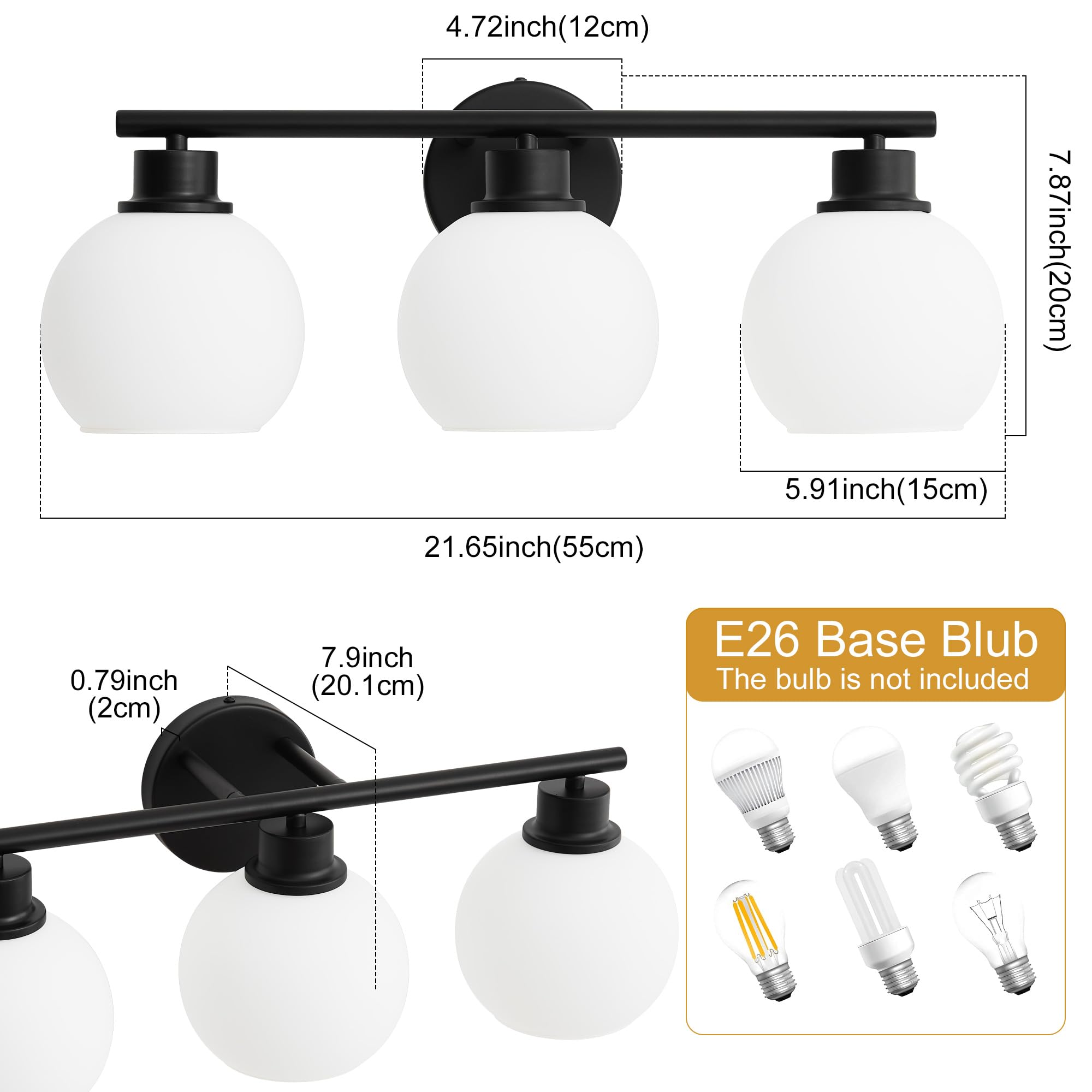 Lanmate Bathroom Vanity Light Fixture, 3-Light Over Mirror, Milk White Glass Shade, 21.65 inch, Matte Black, Mid Century Sconce