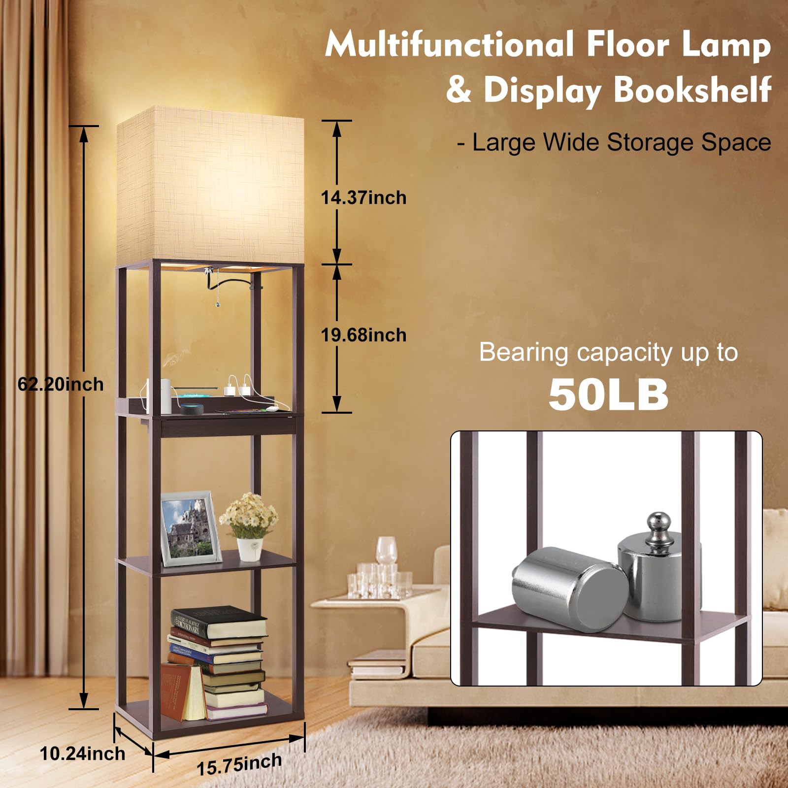 Runtop Floor Lamp With Shelves, Modern Standing Lamp With Wireless Charger, 1 Drawer And 2 Usb Ports & 2 Power Outlet, 15W Led B