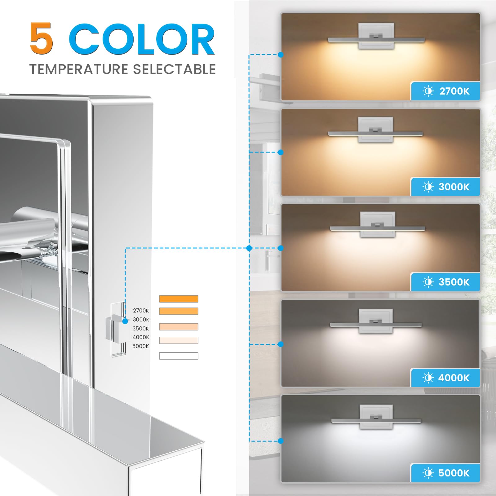 Volisun Modern Bathroom Vanity Light 15.7 Inch, Rotatable, 12W Dimmable 5Cct Led Bathroom Light Fixture Over Mirror, Chrome Vani