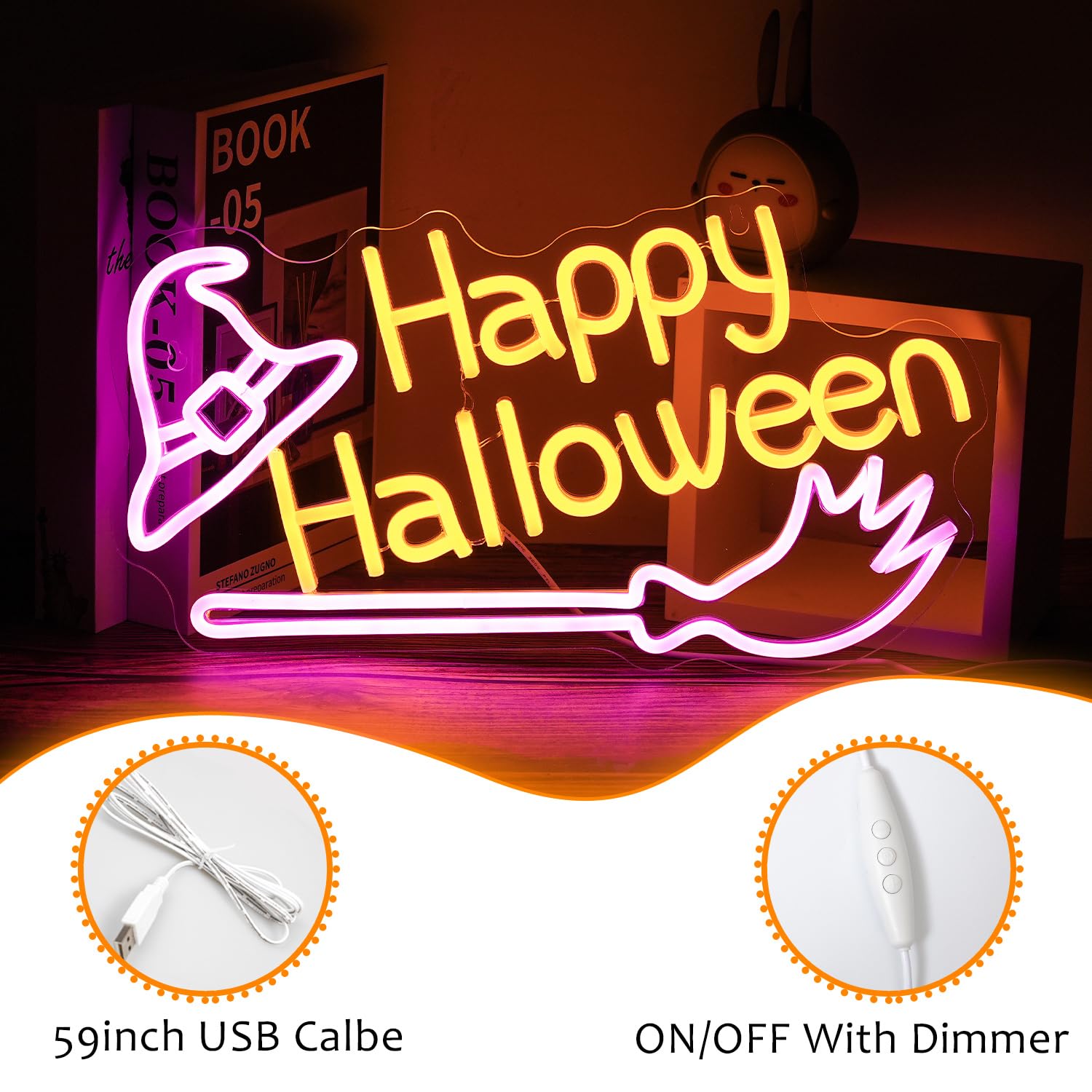 LISIGNVE Neon Witch Hat Sign - Dimmable LED Wall Decor for Halloween - Pink & Yellow