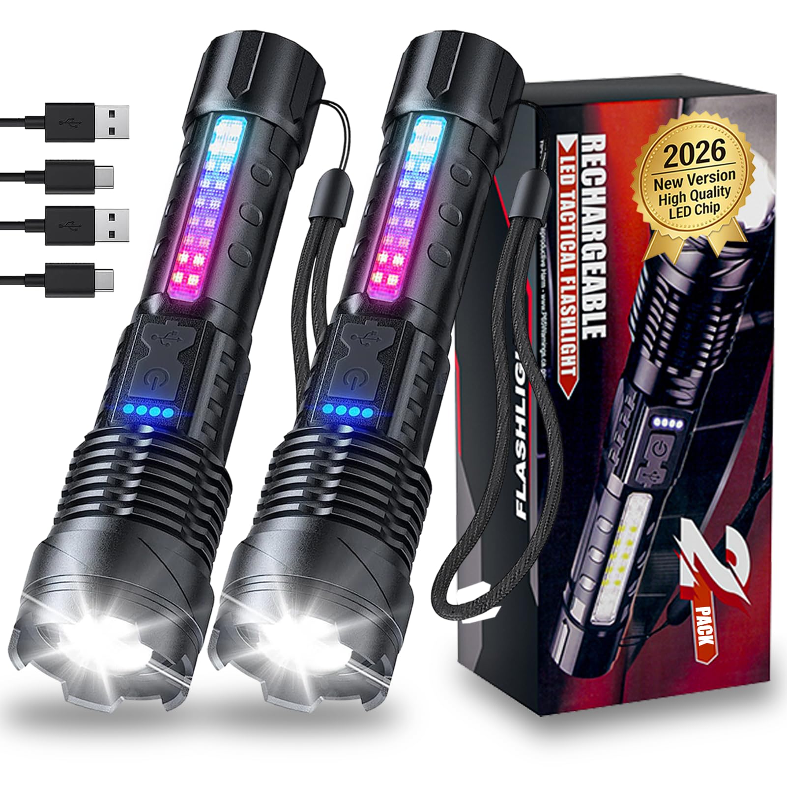 Rechargeable Flashlights LED High Lumens, 2 Pack Super Bright White Laser LED 7 Mode Zoomable Spotlight Tactical Flashlights, US