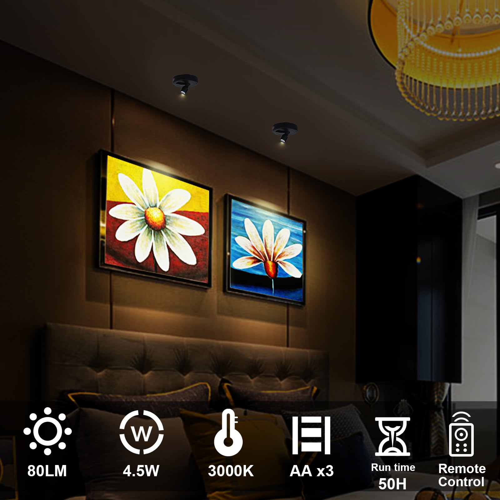 HAMVIDNE Wireless LED Spotlight - Battery Powered Uplighting Picture Lights with Remote for Wall Art & Closet Display, Black