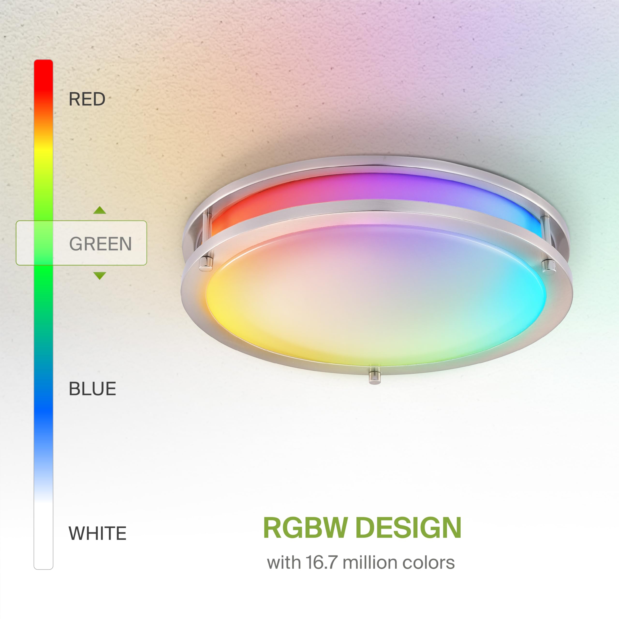 ASD LED Flush Mount Light Fixture, 14 Inch, Dimmable, RGB-2700K-6500K, Brushed Nickel, Model A-DR14D21S-RGBW