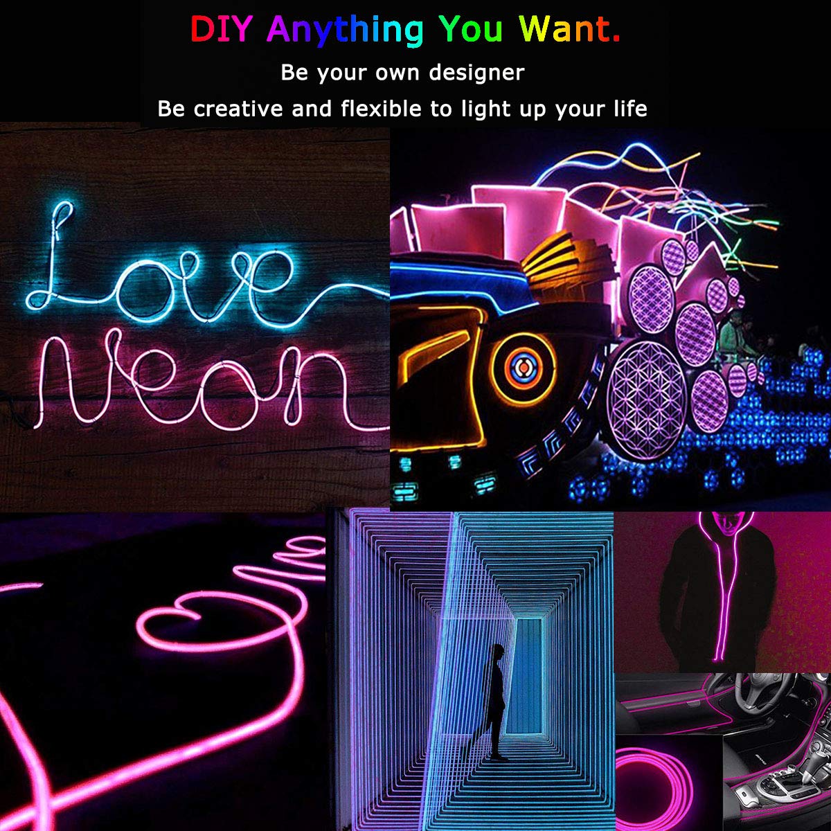 Jiguoor El Wire Battery Pack 9.8Ft / 3M Bright Neon Light Strip 360° Illumination Neon Tube Rope Lights For Diy, Festival, Party Decoration, Pub, Halloween, Chrismas (9.8Ft / 3M , Pink)