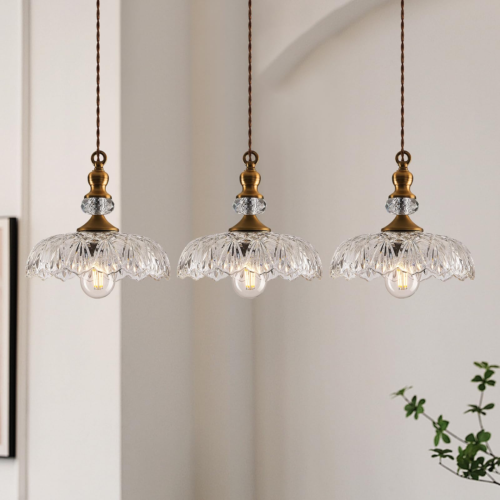 Vintage Glass Pendant Light Fixture 3-Pack Brass Modern Adjustable Chandelier Farmhouse Hanging Ceiling Light for Hallway Porch 