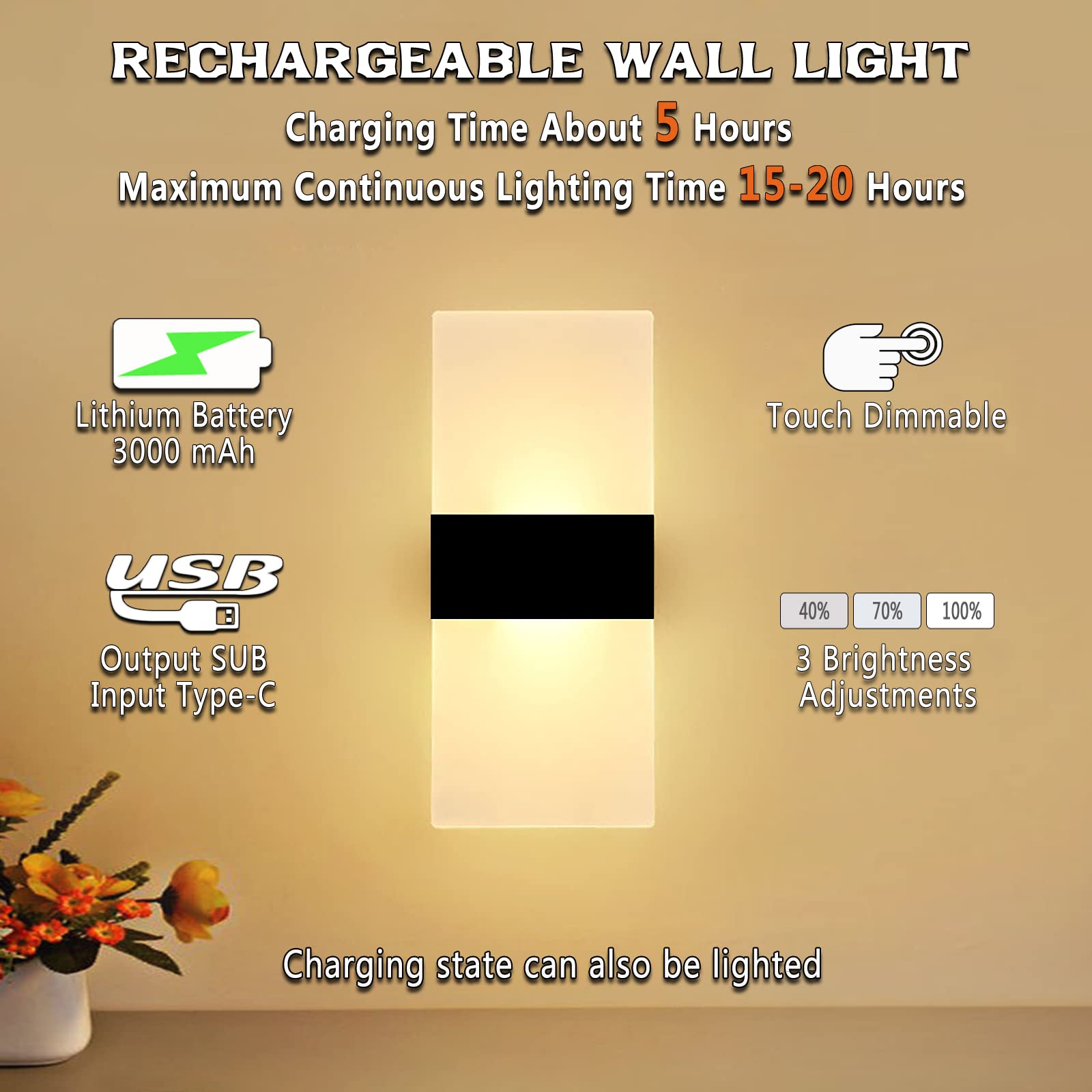 Ankboy Rechargeable Led Wall Lights Set Of 2, Battery Operated, Usb Charging, Warm White