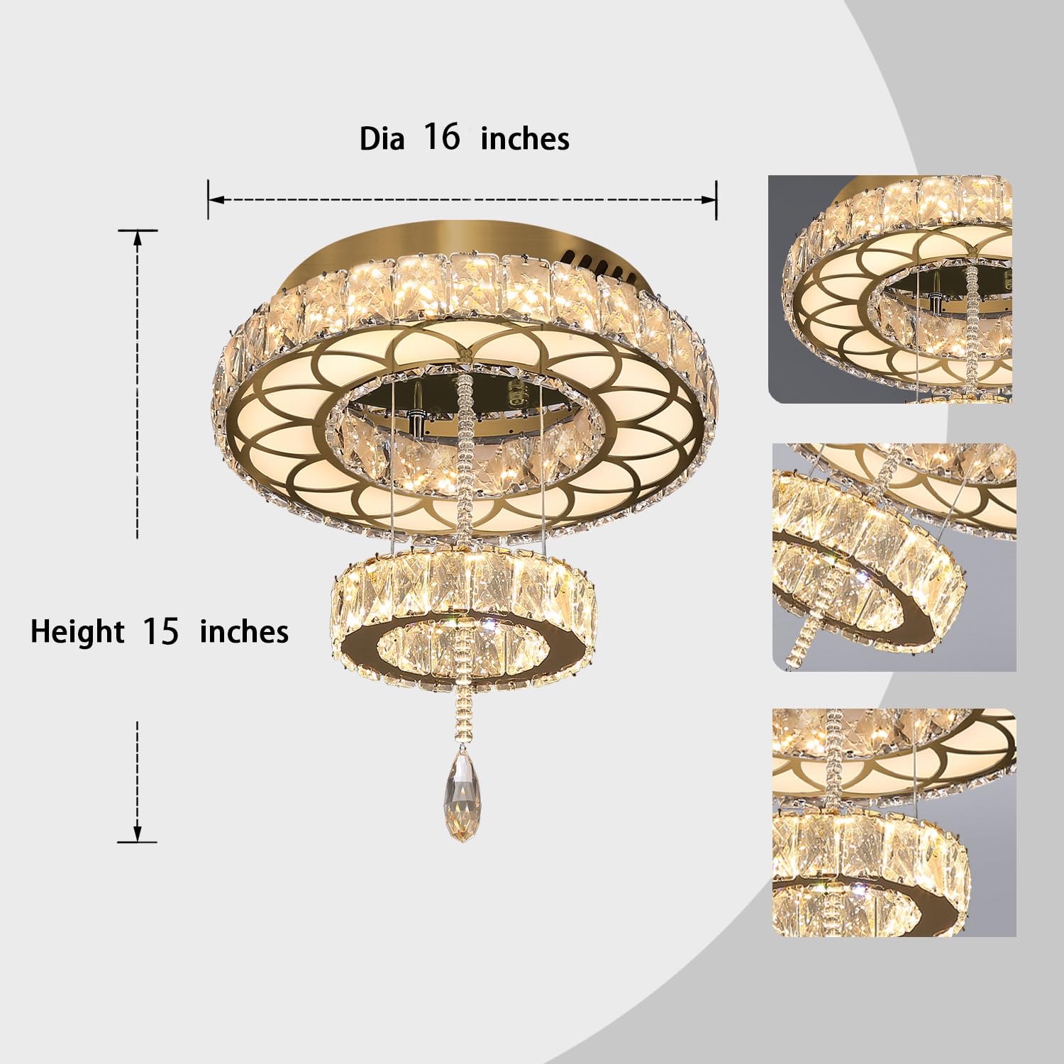 Flashing God 16" Crystal Chandelier LED Flush Mount Ceiling Light, Gold, Dimmable 2700K/4500K/6000K, Model MMQ0268-40-J