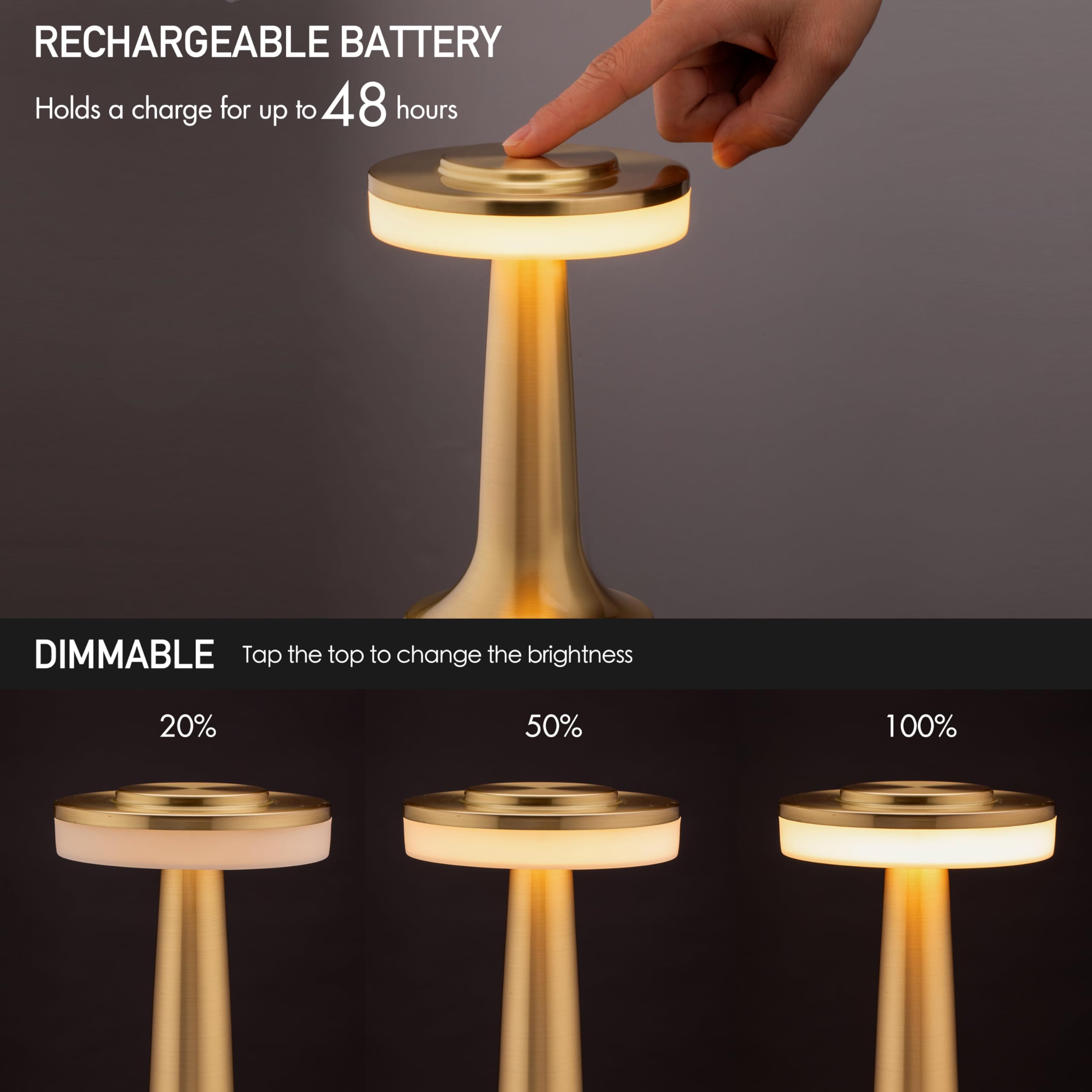 O'Bright Portable LED Table Lamp - Touch Sensor, 3 Levels Brightness, Rechargeable, Gold, Model OB-TL01B