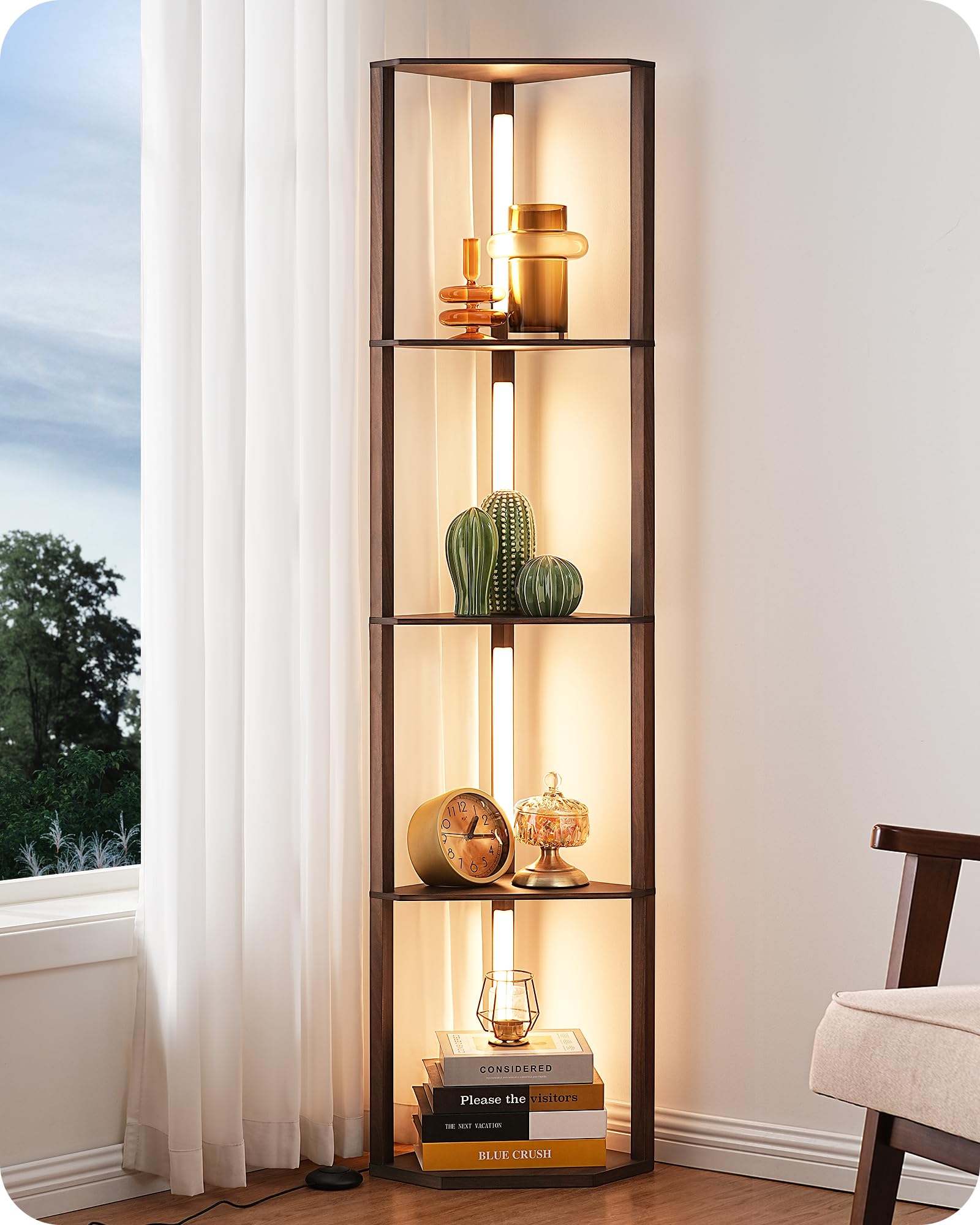 EDISHINE Dimmable LED Floor Lamp with Shelves, 44 x 33.5 x 16 inches, Walnut, Model HFLHA1C, Modern Corner Lamp for Living Room and
