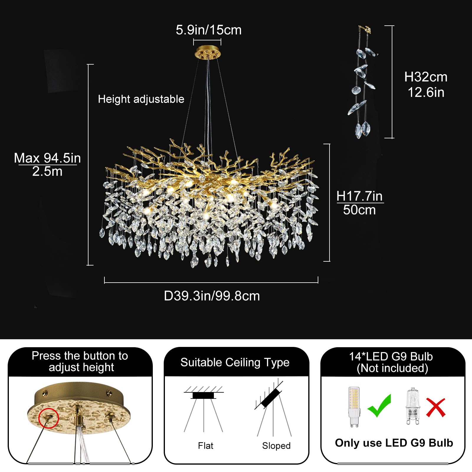 Kvtinmty Modern Crystal Chandeliers For Dining Room Over Table, 40'' Round Gold Tree Branche Chandelier, Large Crystal Chandelie