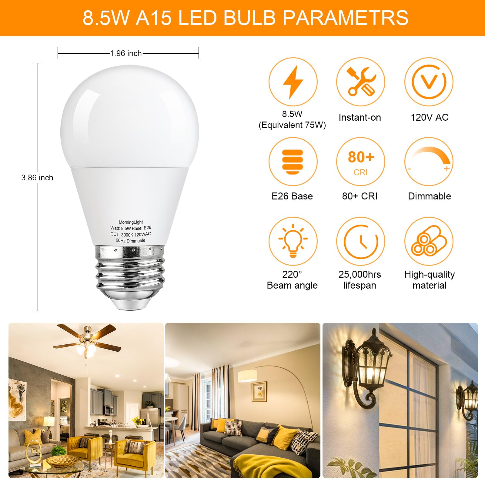 Morninglight Dimmable A15 Led Light Bulb 75 Watt Equivalent, 3000K Soft White, 800Lm, 8.5W A15 Light Bulbs 75 Watt Soft White Fo
