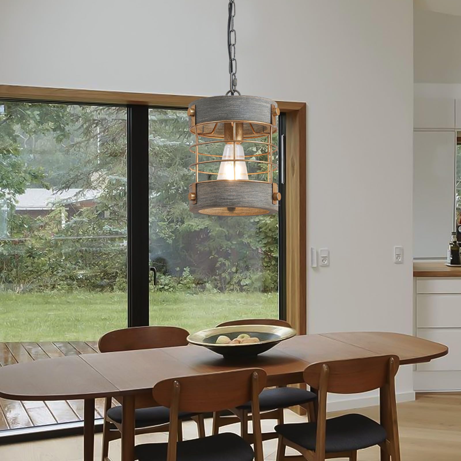 Wochos Retro Industrial Metal And Wood Chandelier 1-Light Round Cage Pendant Light Fixture For Kitchen Island Foyer Hallway Bar