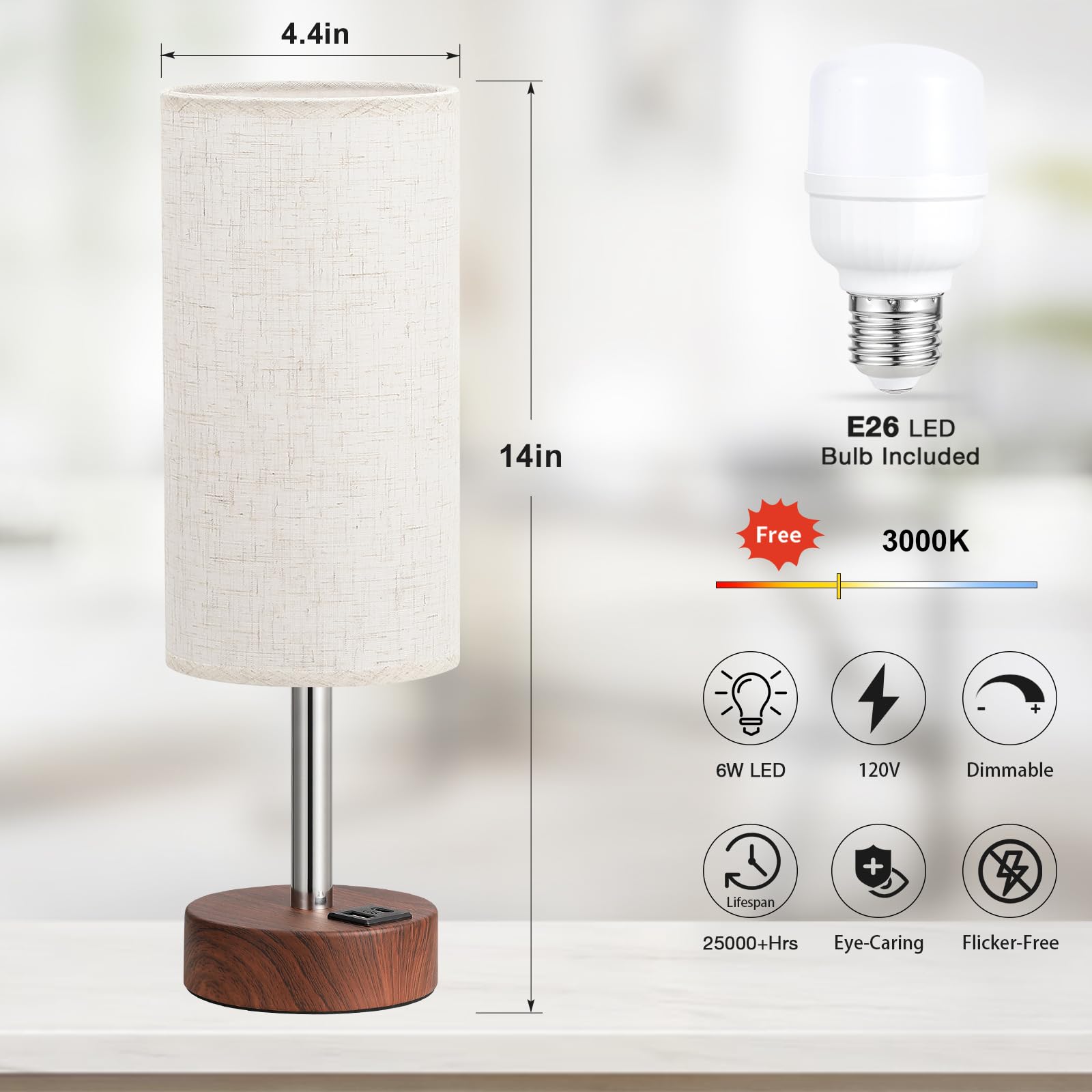 Touch Bedside Table Lamp With Usb - 3 Way Dimmable Redwood Lamps For Bedroom Nightstand, Desk Lamp With Charging Station For Dor