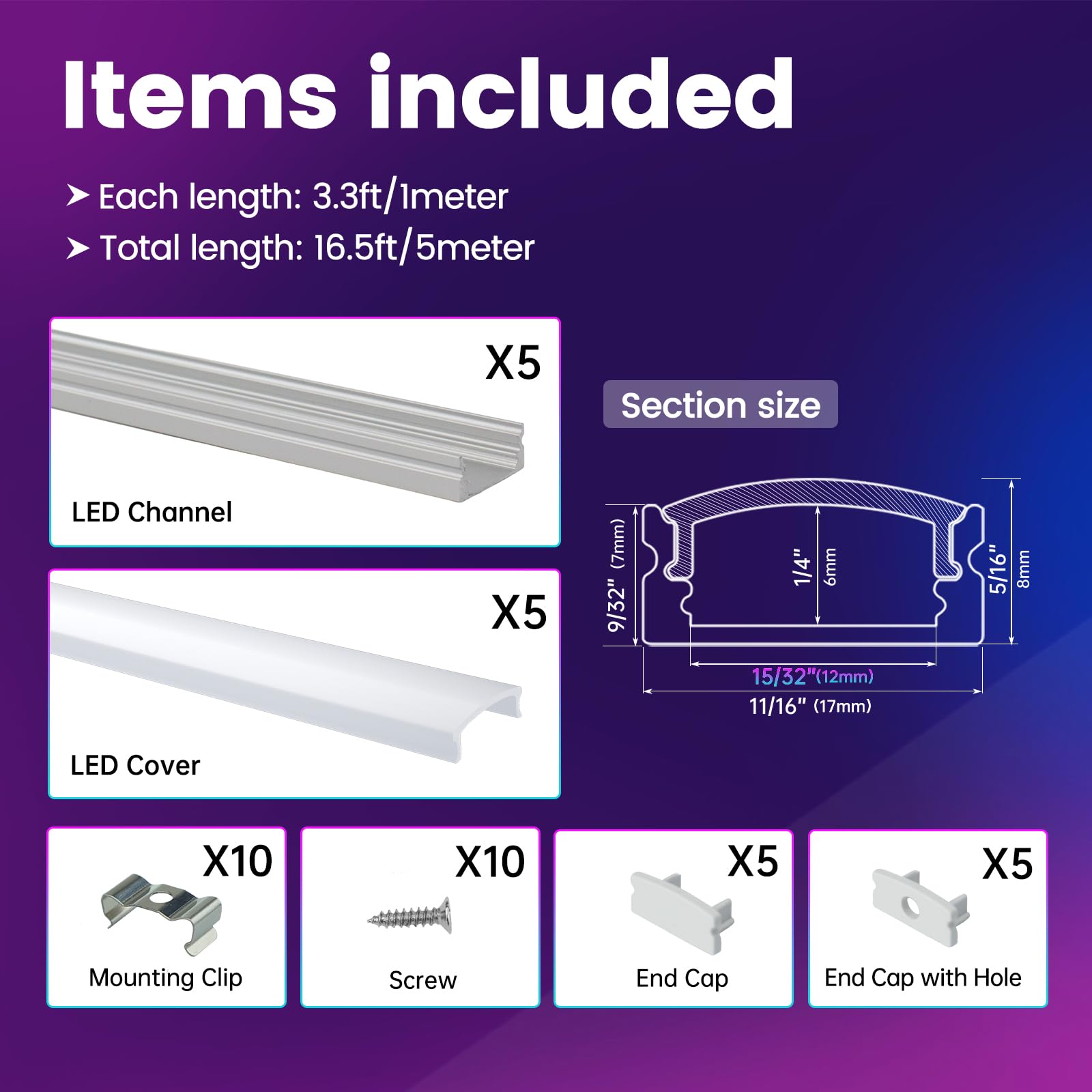 Muzata LED Channel Aluminum U Shape Diffuser 3.3FT/1M 5-Pack Silver Model U1SW