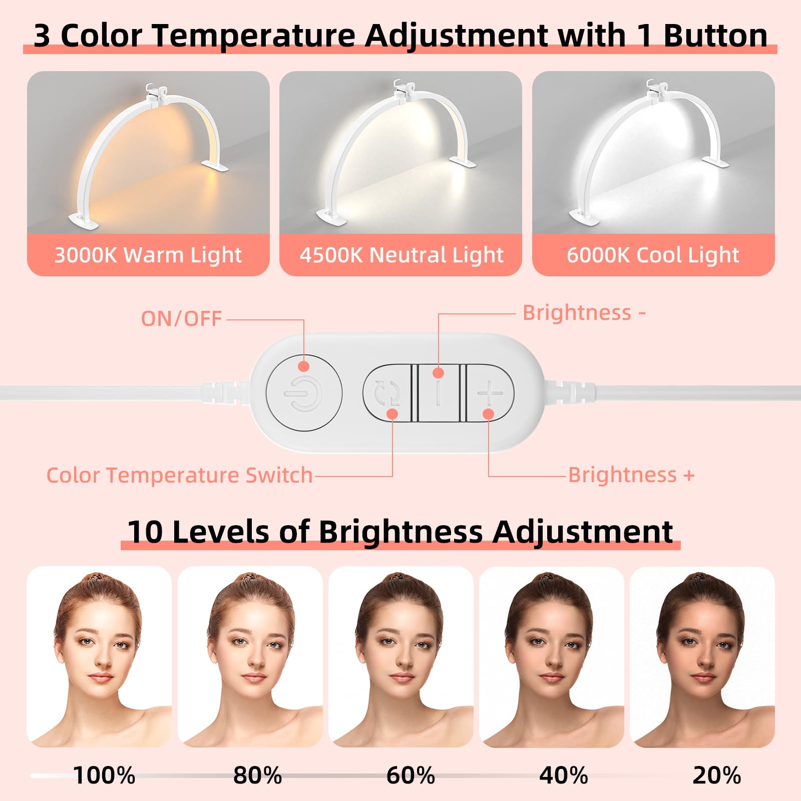 APTMAPT Half Moon Light for Nail Desk with Phone Holder 29In 38W Nail Lamp for Desk with Wire Controller Adjustable Color Temper