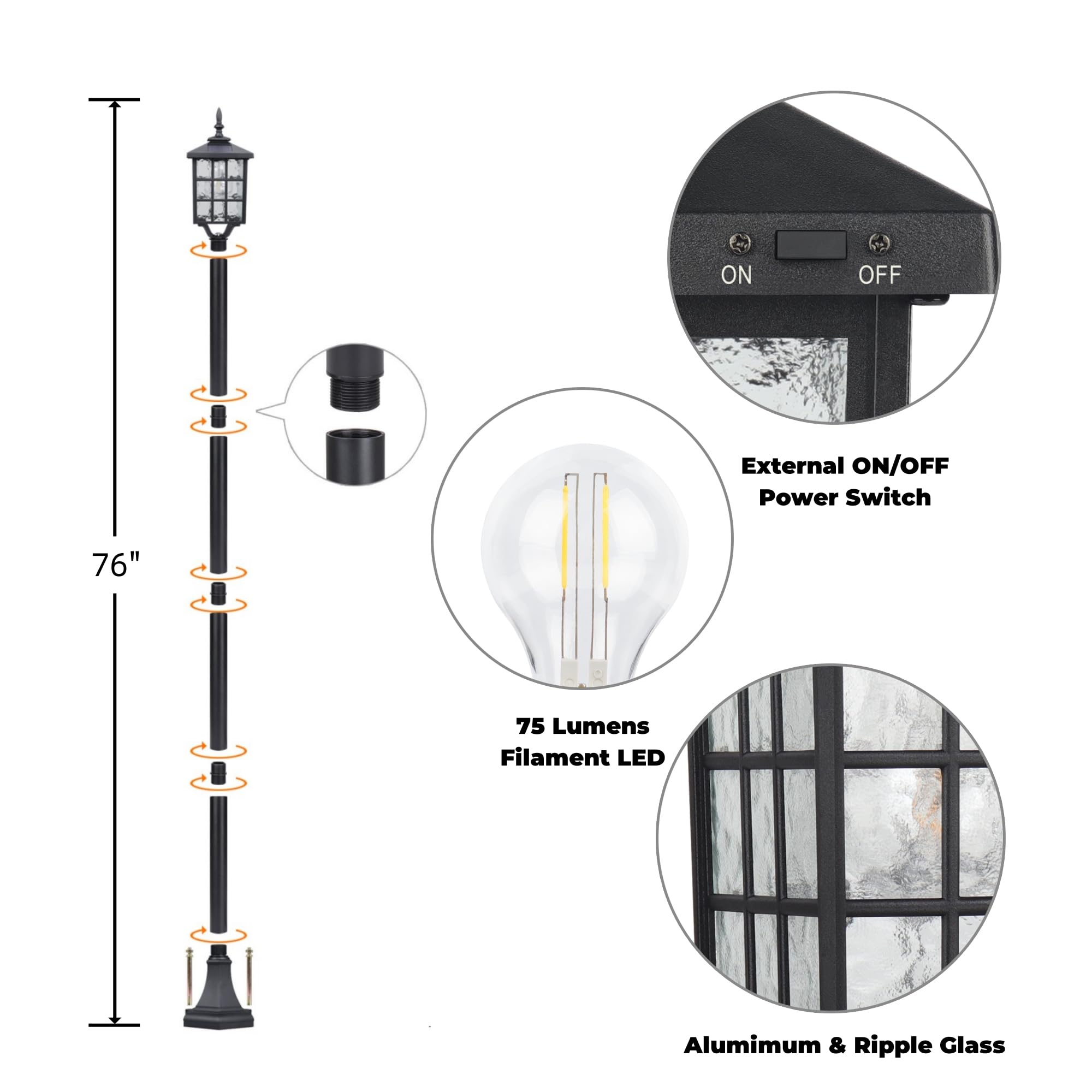 Kemeco Solar Lamp Post Light, LED Waterproof Metal Outdoor Lighting, Black, Model 4224, for Pathway Garden Driveway Landscape