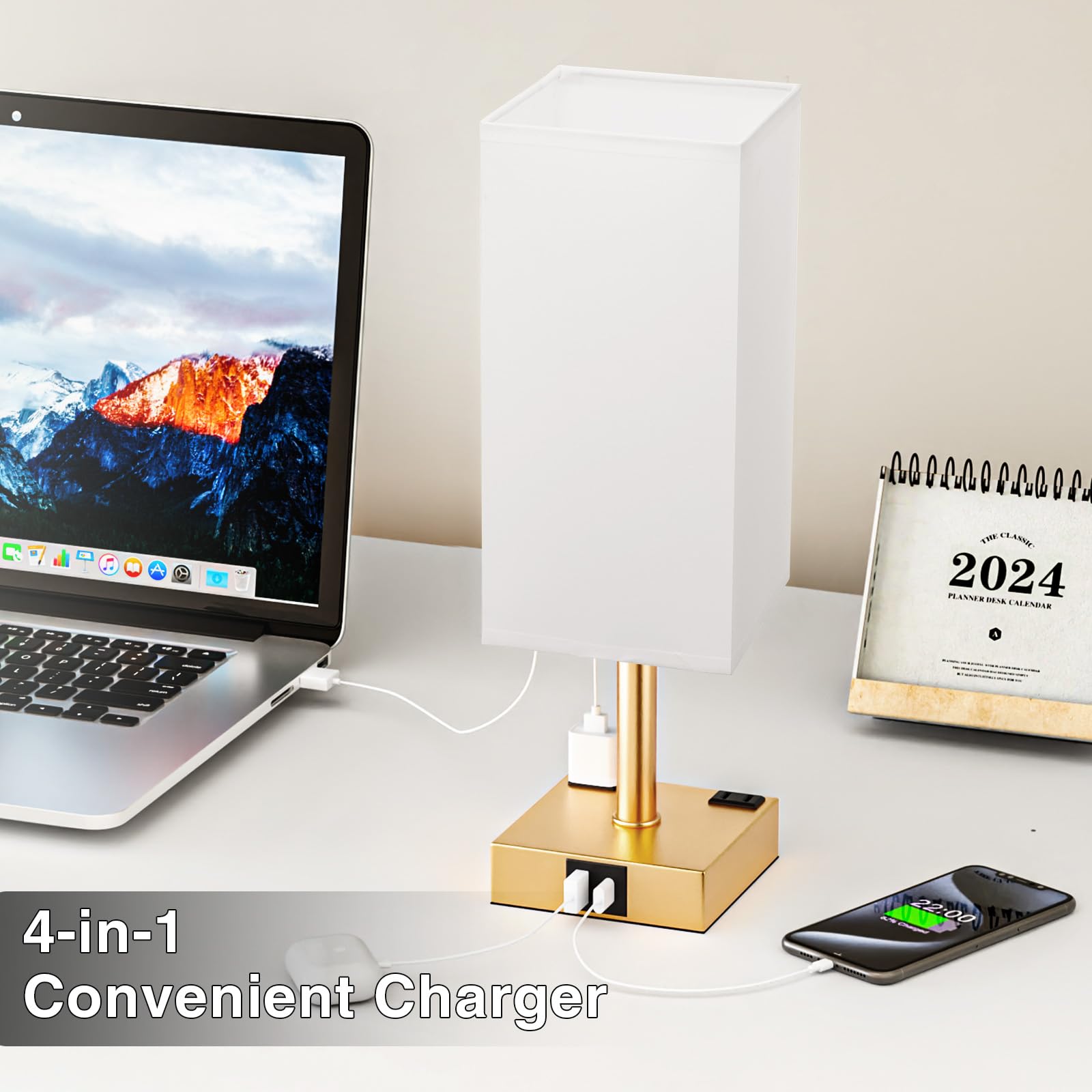 Gold White Touch Table Lamp - Bedside Lamp With Usb A + Type C Charging Ports And Two Ac Outlets, Small Night Stand With E26 Led