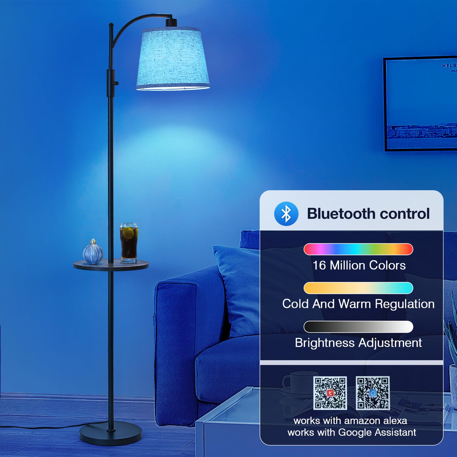 AIDENOEY Smart Floor Lamp with Side Table, Stepless Dimming, RGB, Voice Control, Black, Model HYZC0204, Metal, Standard Size