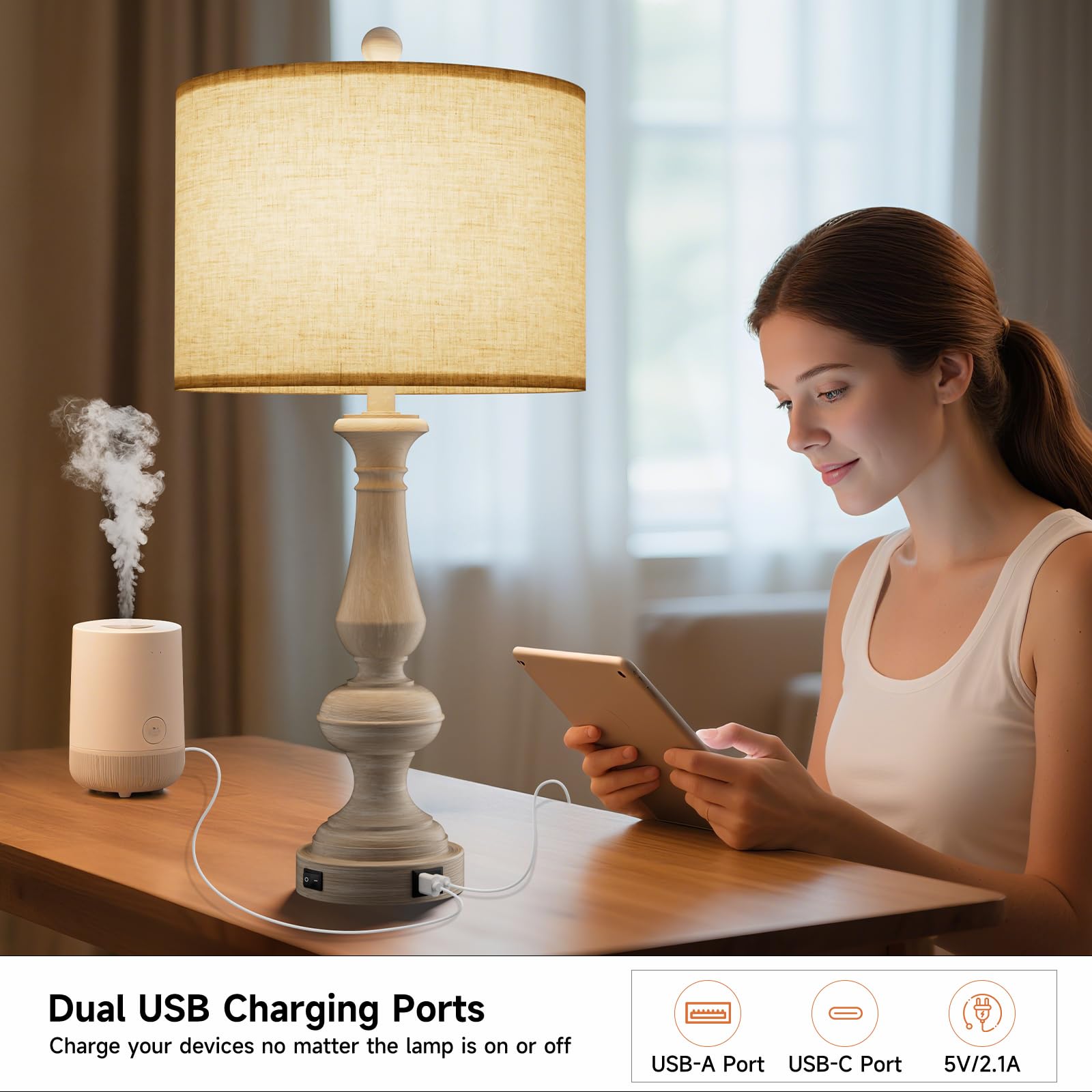 Jeagop 26in Resin Table Lamp Set of 2, Gray, USB C+A Ports, 3 Color Temperatures, Model TB-SZ-2P01