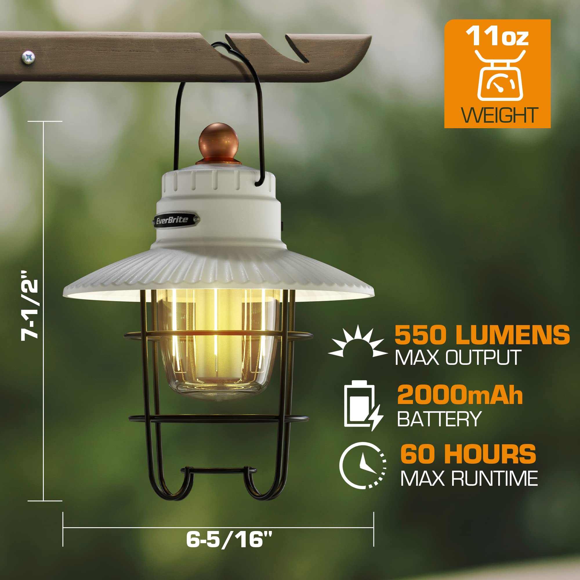 EverBrite LED Camping Lantern Pack of 2, USB C Rechargeable, 3 Light Modes, Vintage Style, White, Model E041034AE