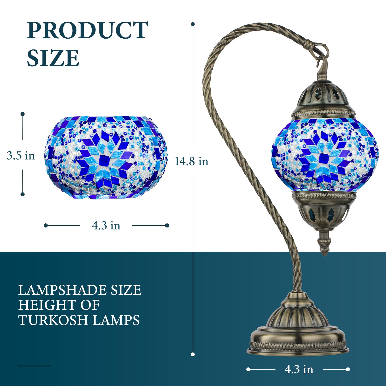 Marrakech Turkish Mosaic Glass Table Lamp with Swan Neck Bronze Base, LED Bulb, 408gb, Mosaic Blue, Model YMA403-N1-Swan-Blue