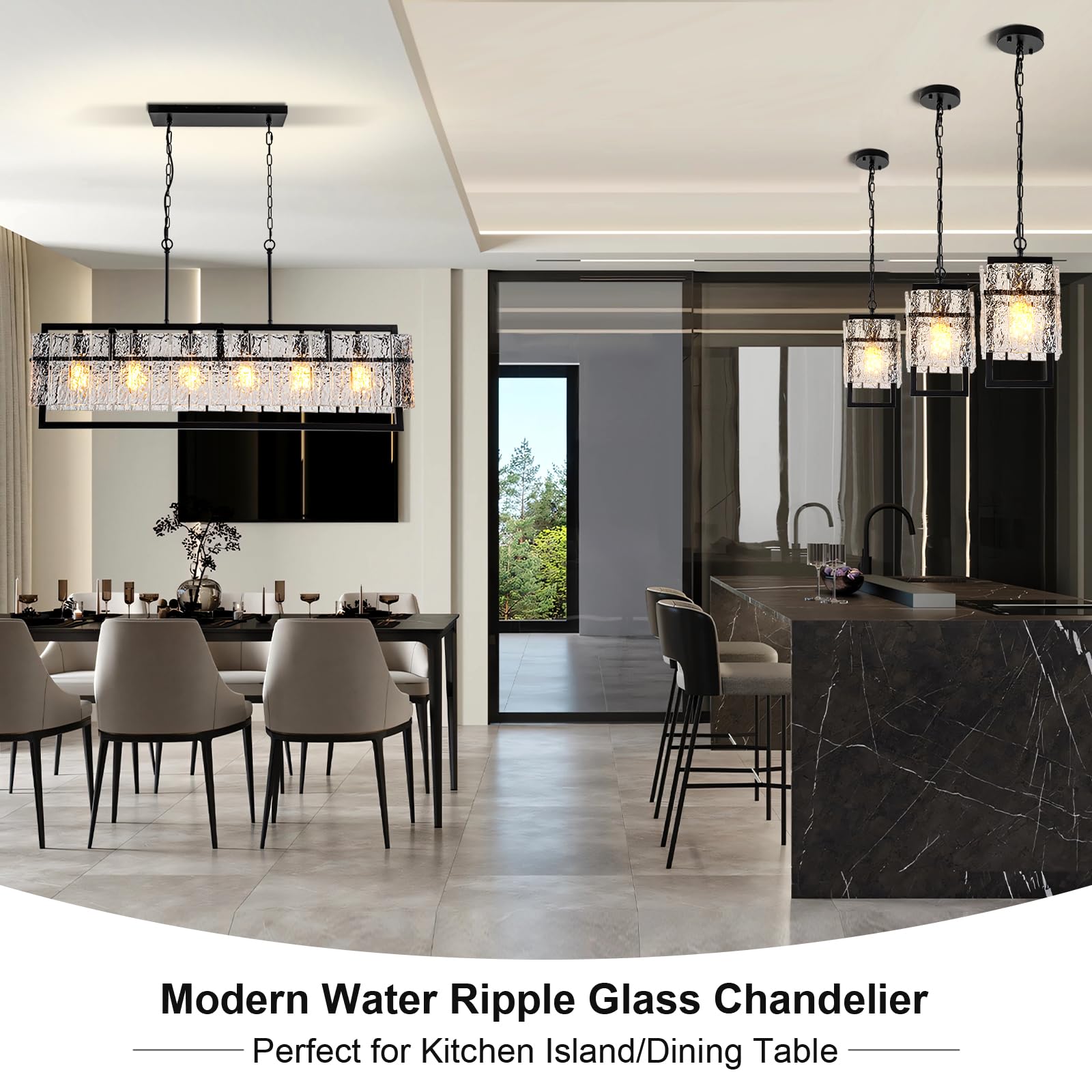 Jsdorsy Modern Chandeliers For Dining Room, 6-Light Large Black Rectangle Kitchen Island Lighting With Water Ripple Glass, 42