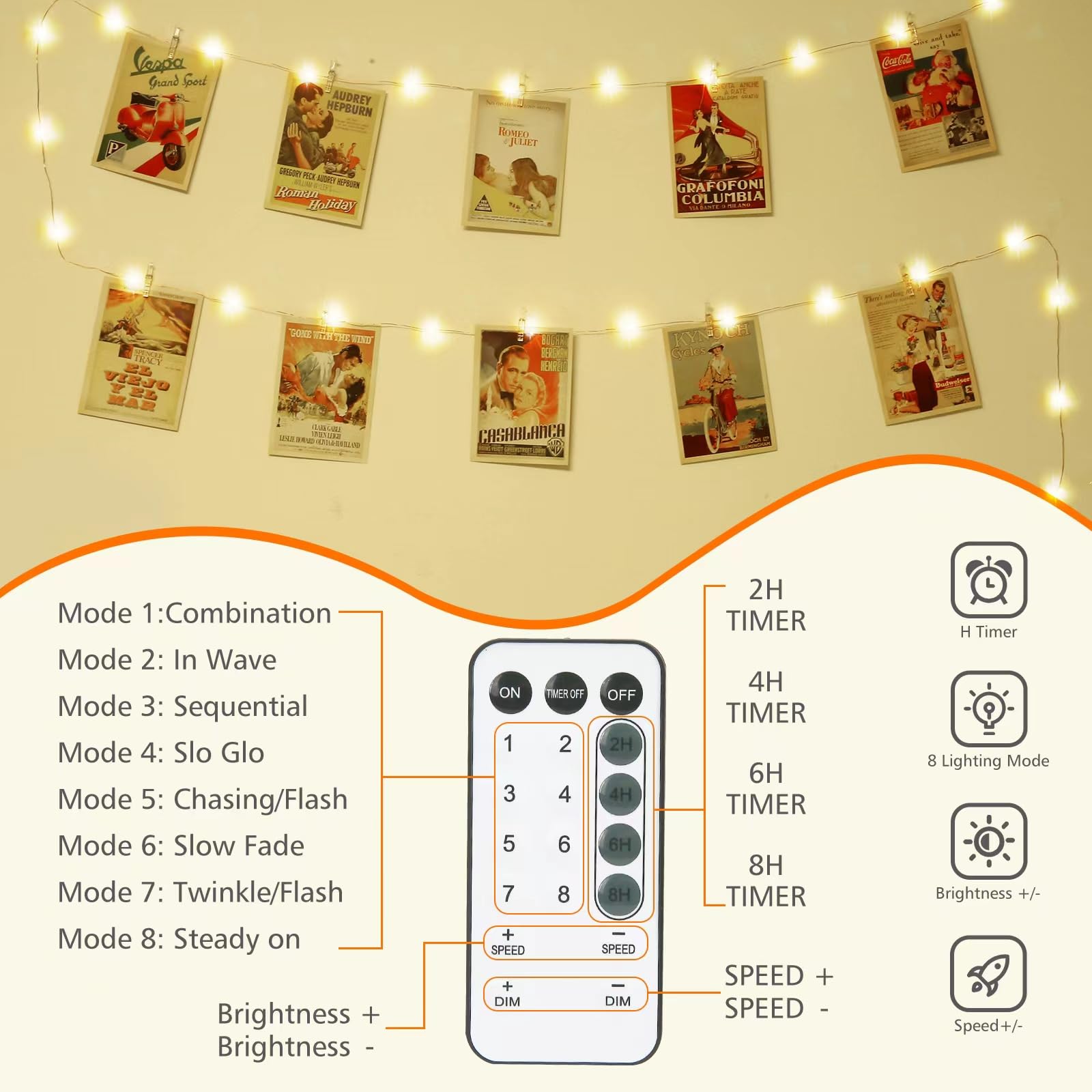 Bryubr 120 Led Photo Clips String Light With Remote, 40Ft Fairy Lights With 52 Clear Picture Clips, Timer & 8 Modes Usb Powered Copper Wire Lights For Dorm, Bedroom, Christmas, Party (Warm White)