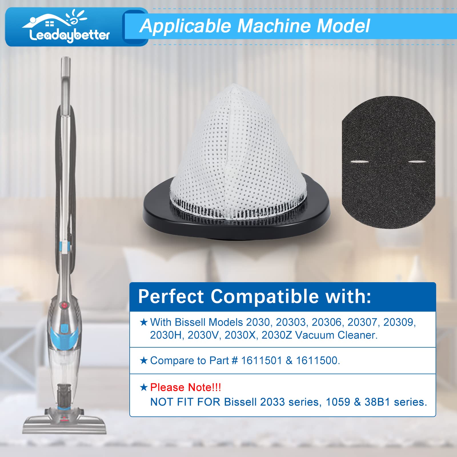 Leadaybetter 2030 Filter Replacement for Bissell 3-in-1 Stick Vacuum Cleaner, Fits Models 2030, 20303, 20306, 20307, 203