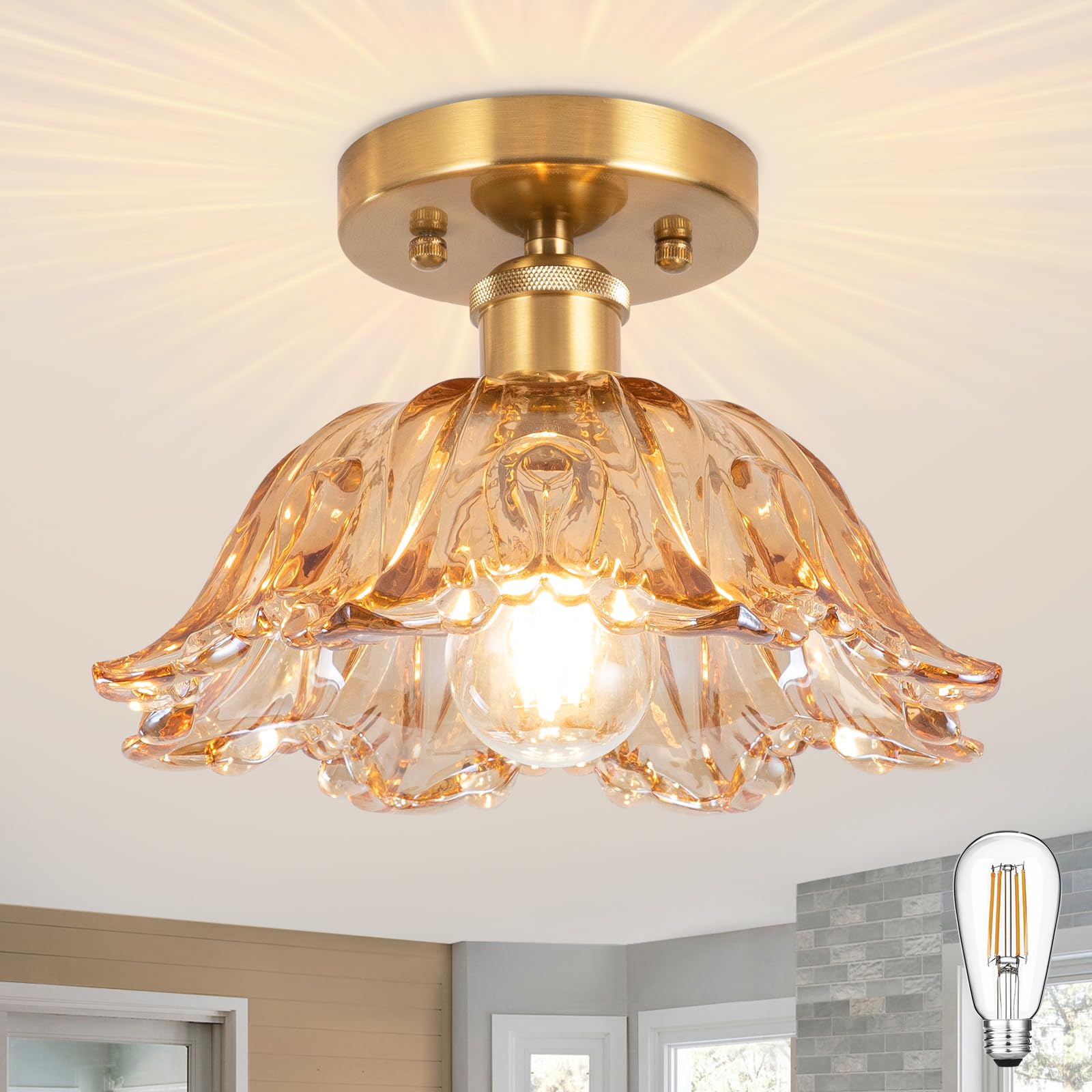 Nogcew Semi Flush Mount Ceiling Light Vintage Lights Fixture Ceiling E26 Base Amber Shade Glass Hallway Light Fixture for Porch Kitchen Bedroom  Bulb Included