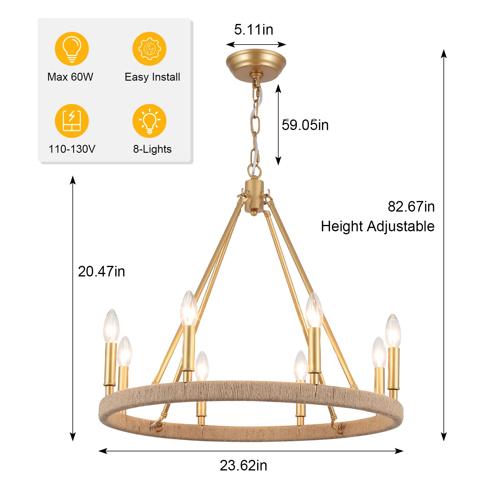 ZJVAIVE 8-Light Gold Farmhouse Chandelier, Modern Metal Wagon Wheel Pendant Lighting for Dining Room, Entryway, Kitchen - Model ZJ-ZJD00044-8-PG