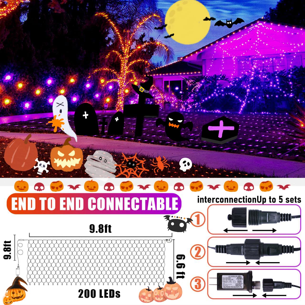 JMEXSUSS Halloween Net Lights, 200 LED Color Changing, Waterproof, Orange to Purple, 9.8FT x 6.6FT, Model EXS-N-0200