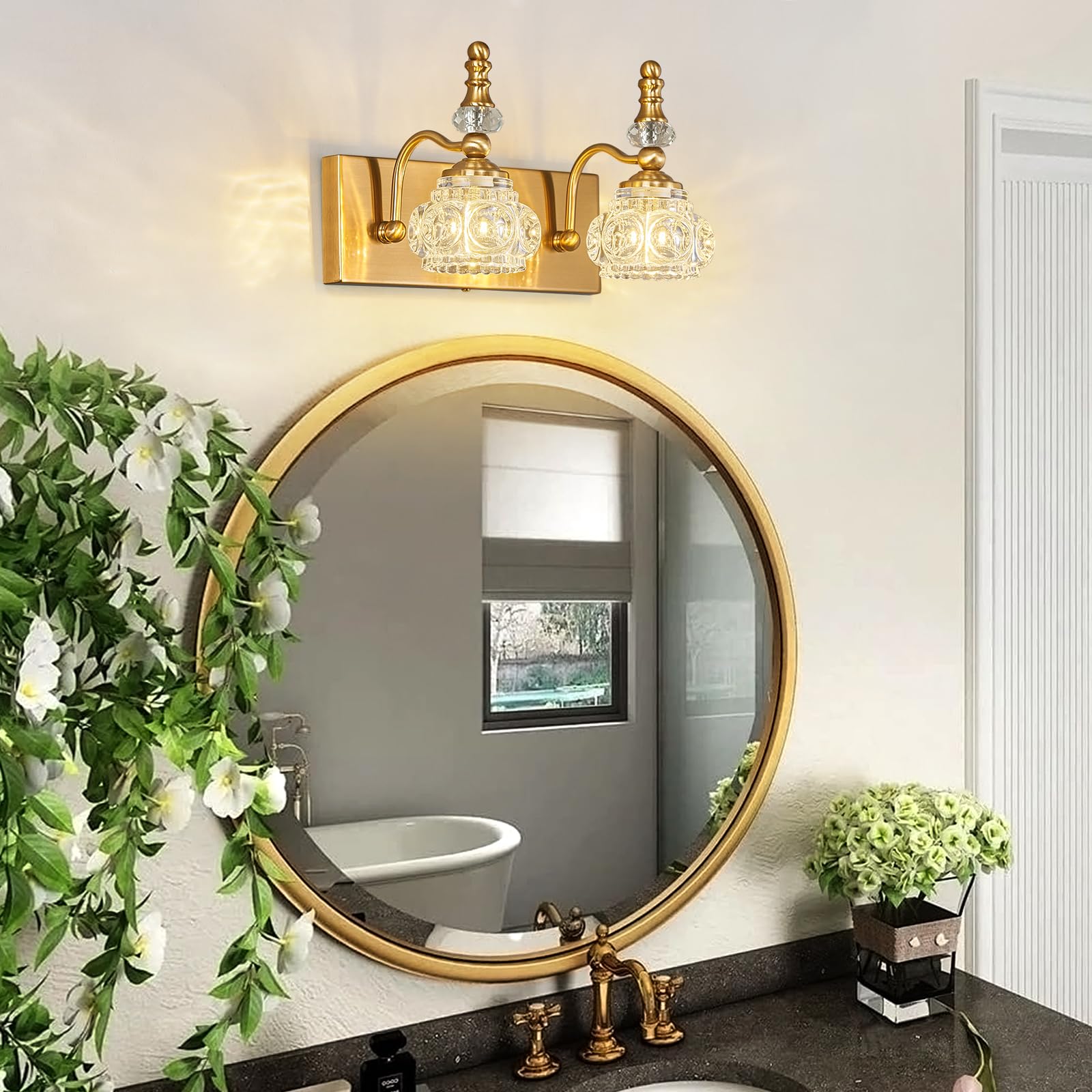 Lbsqj Modern Glass Crystal Vanity Light - Vintage Bathroom Lighting Fixtures Over Mirror  2 Light Vanity Lights G9 Bulb (11.81 Inch  Gold)