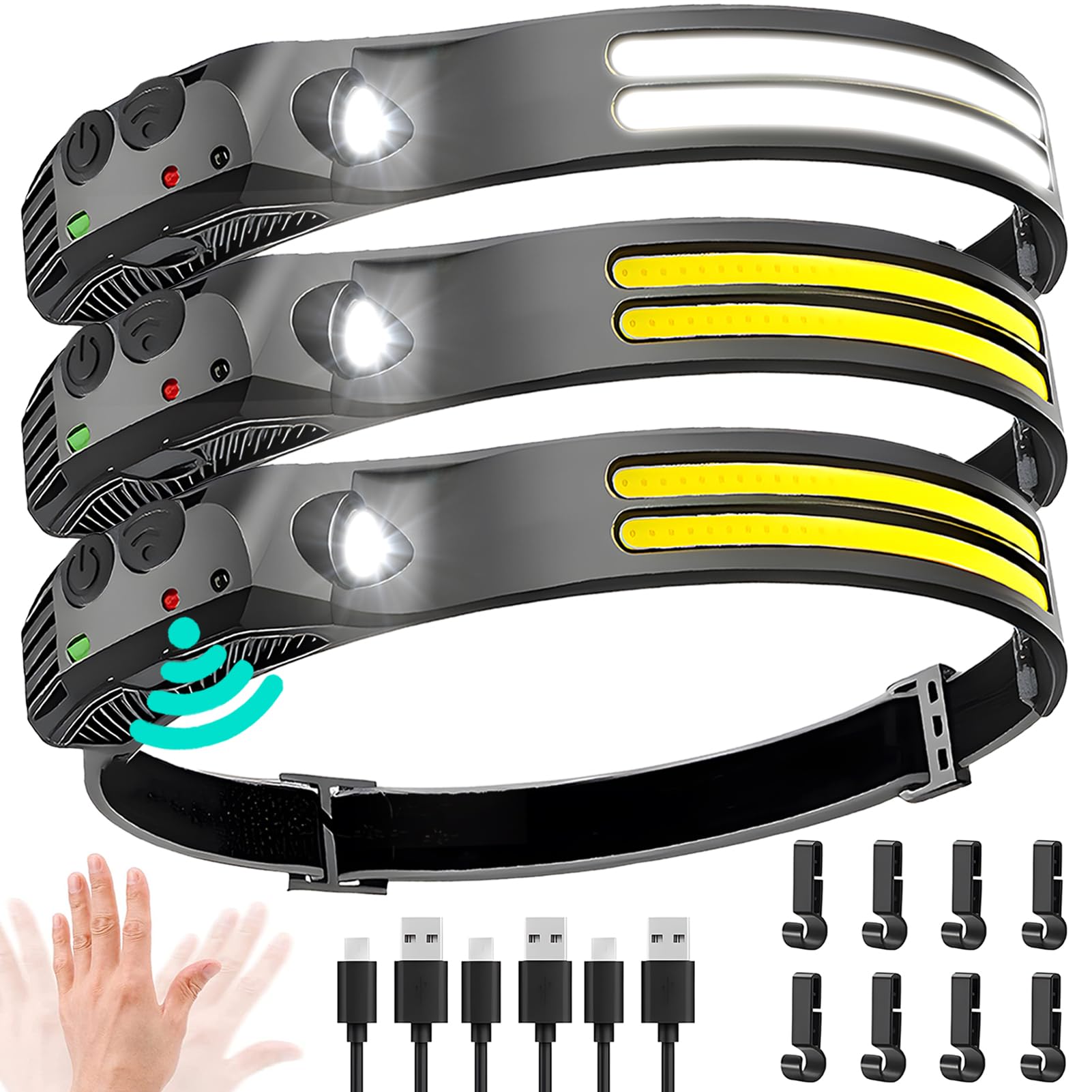 Beccason Led Headlamp Rechargeable 3Pcs - 230 Cob Super Bright Head Lights For Forehead, Hard Hat Light For Adults, Usb C Headba
