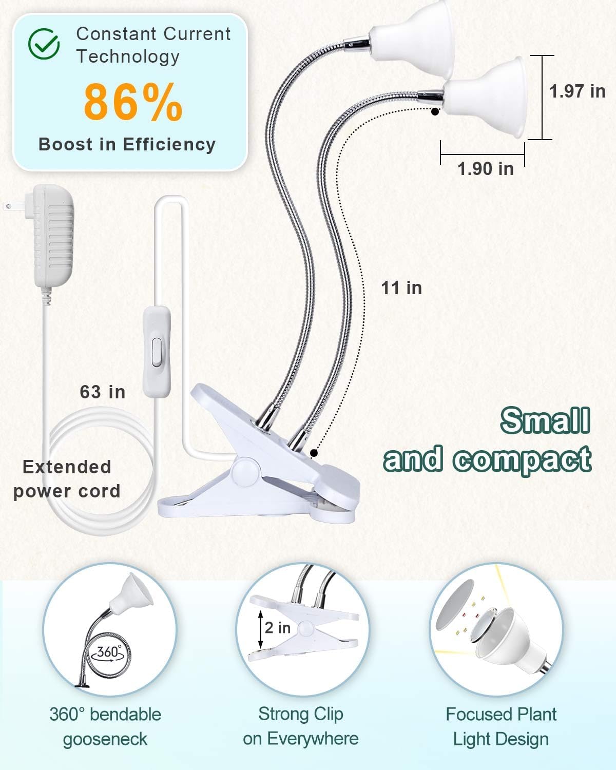 DOMMIA Dual Head Grow Light for Indoor Plants, Full Spectrum Warm White LED, Adjustable Gooseneck, Model DMGL05