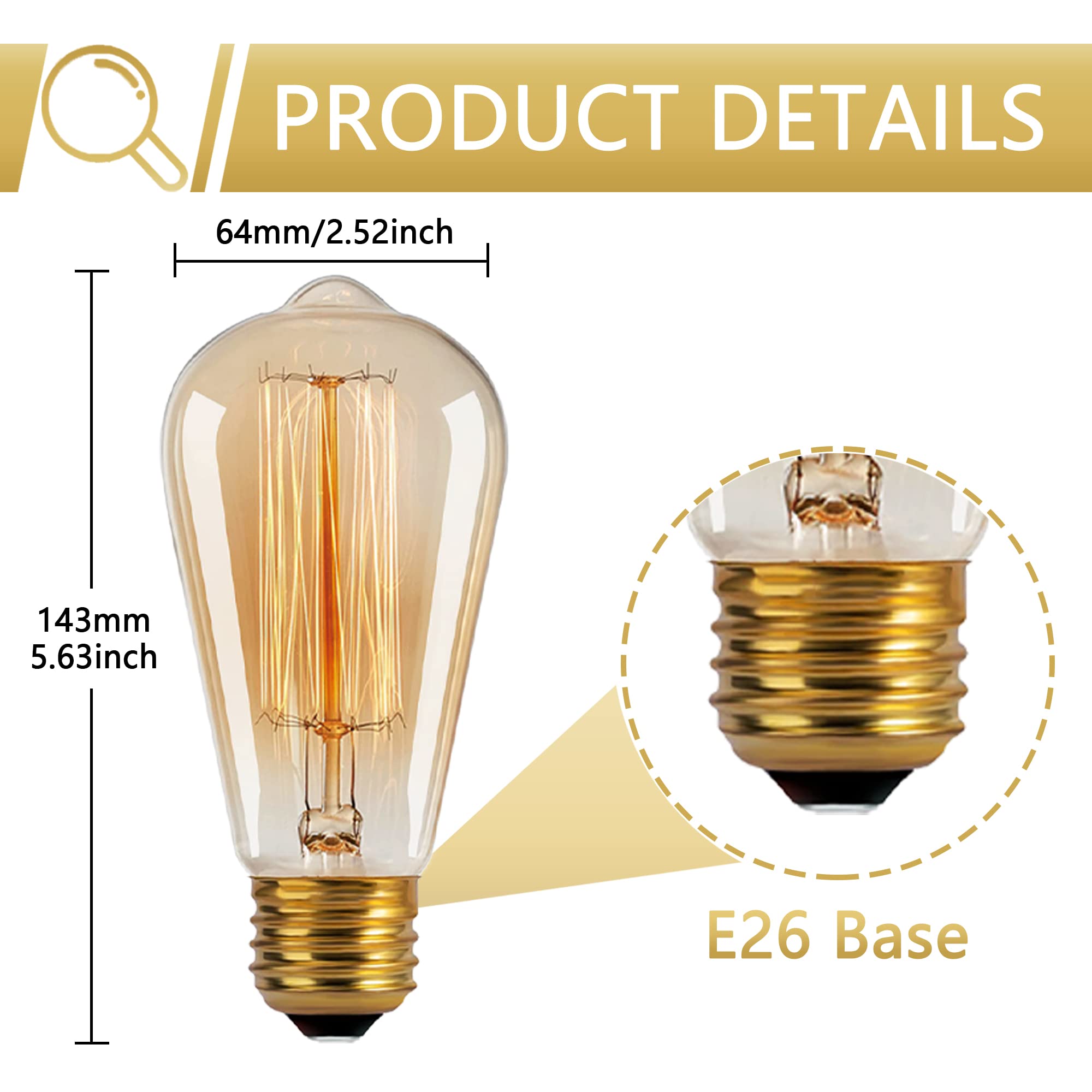 Kellarosses ST64 Edison Bulbs 40W 6-Pack, Dimmable, 2200K Warm Amber, E26/E27 Dual Base, Glass, 2500Hrs
